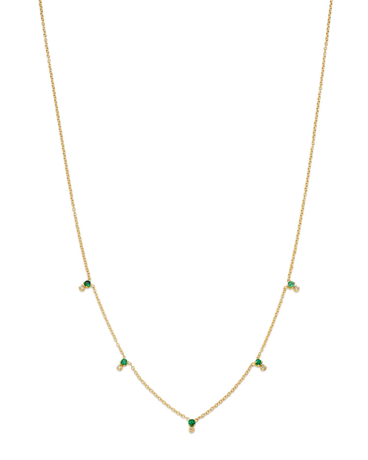 14K Yellow Gold Emerald Gemstones Emerald & Diamond Station Collar Necklace, 14-16'