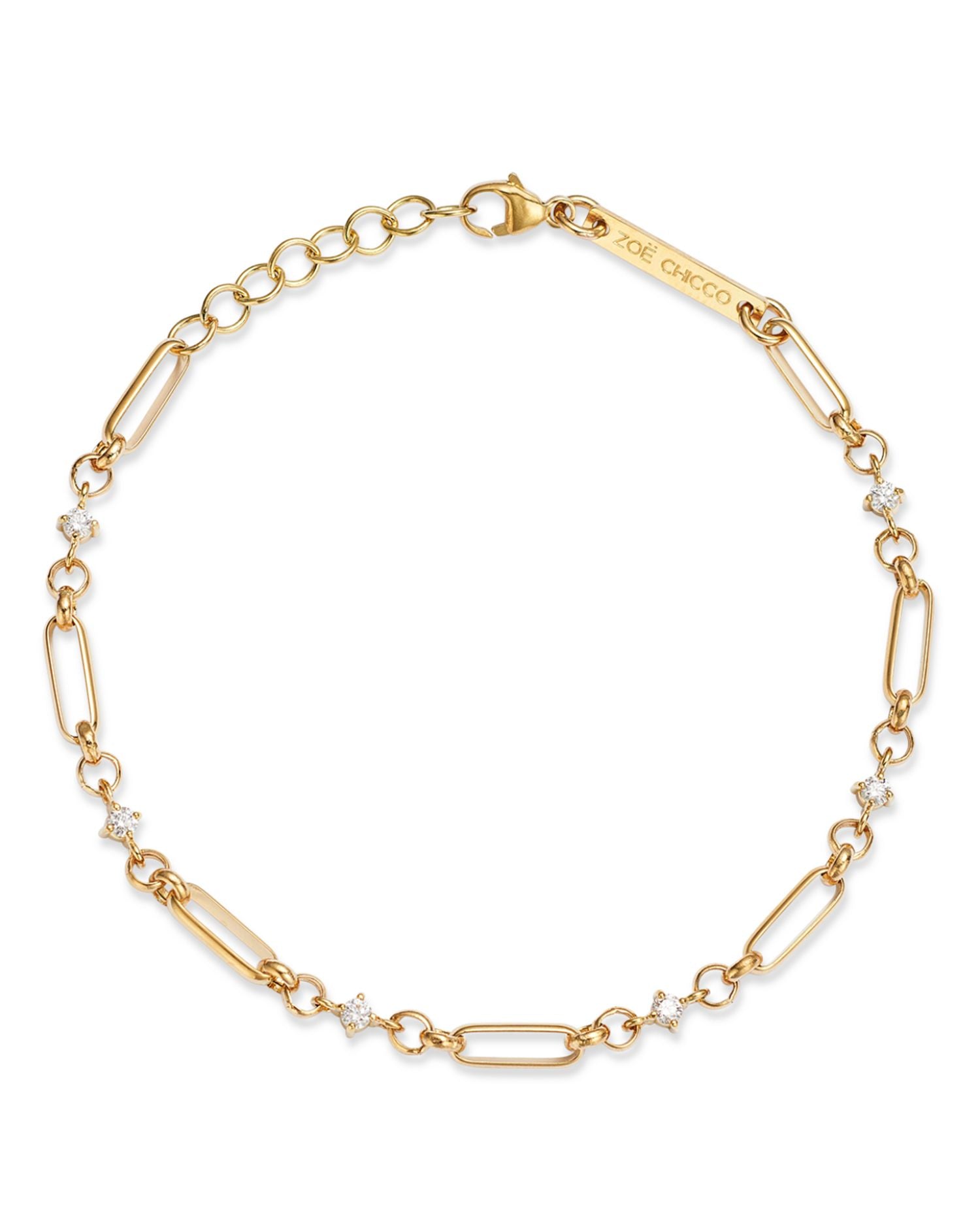 14K Yellow Gold Prong Diamonds Diamond Rolo & Paperclip Link Bracelet