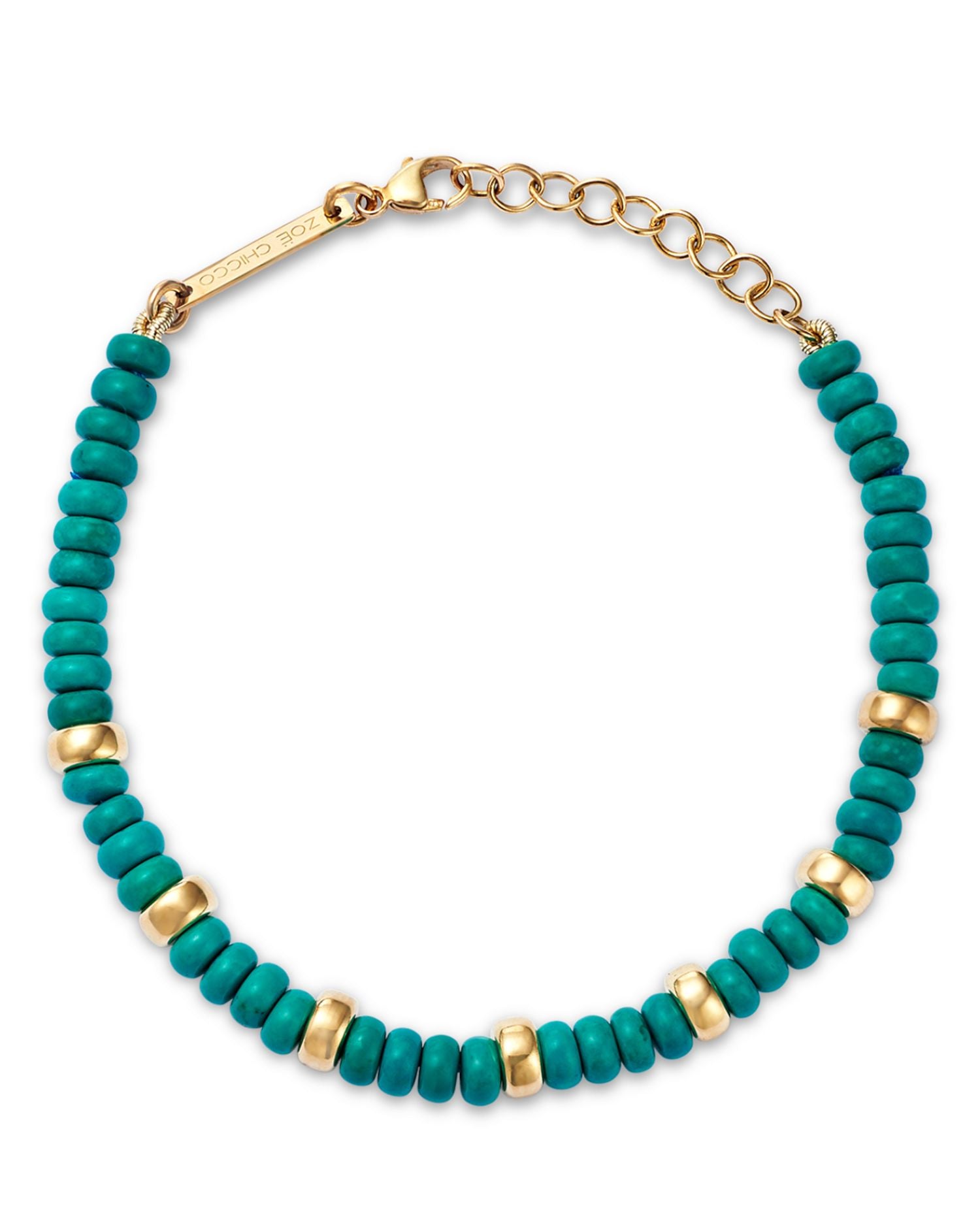 14K Yellow Gold Gemstone Beads Turquoise Rondelle Link Bracelet