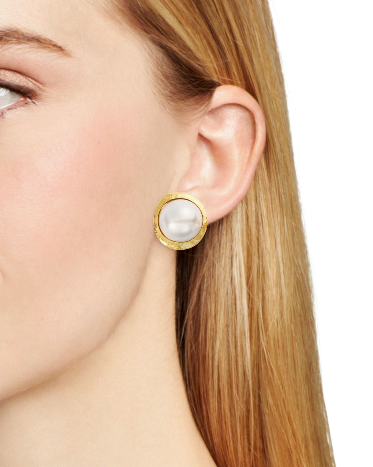 Imitation Pearl Clip On Button Earrings in Gold Tone