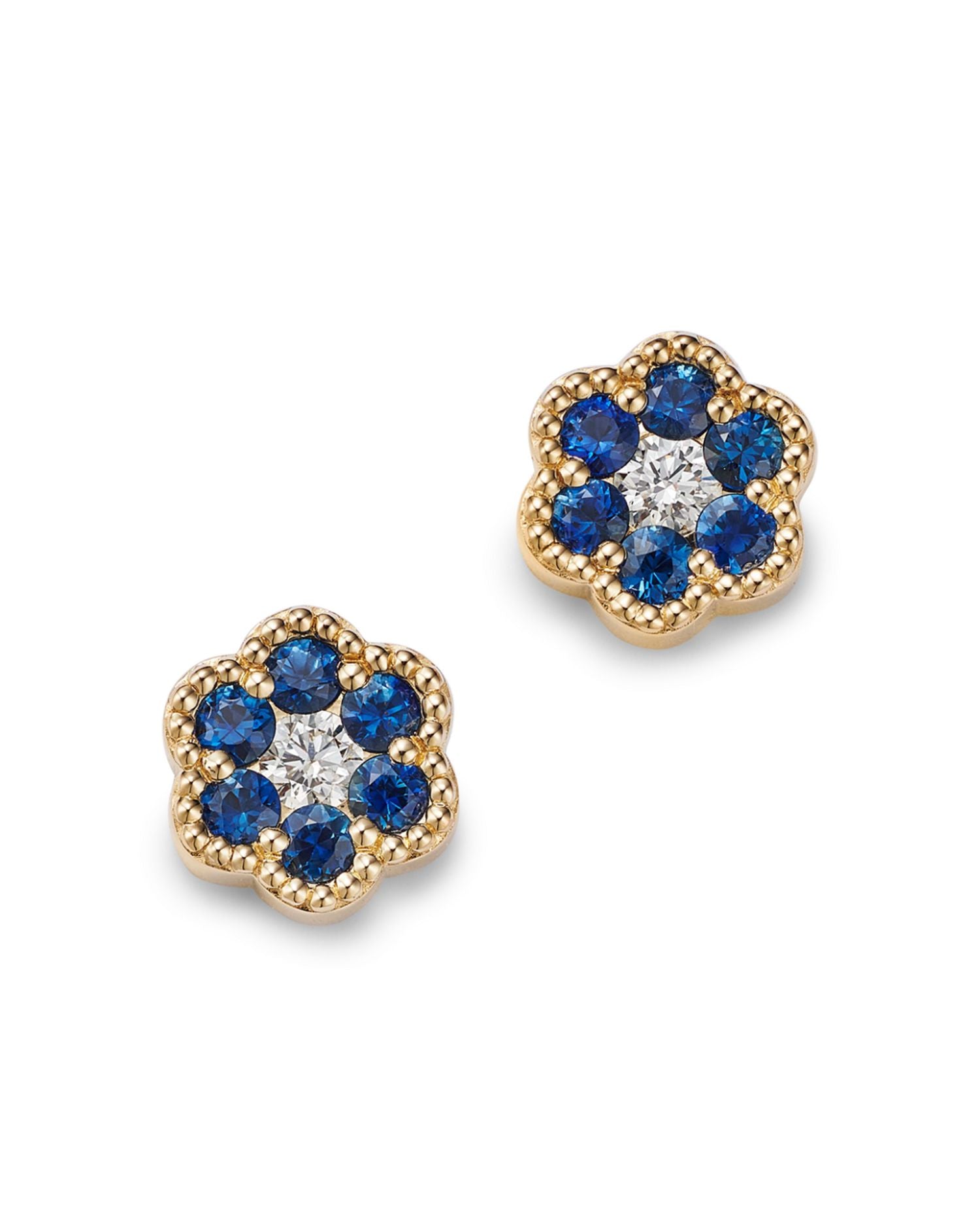 Blue Sapphire & Diamond Flower Stud Earrings in 14K Yellow Gold