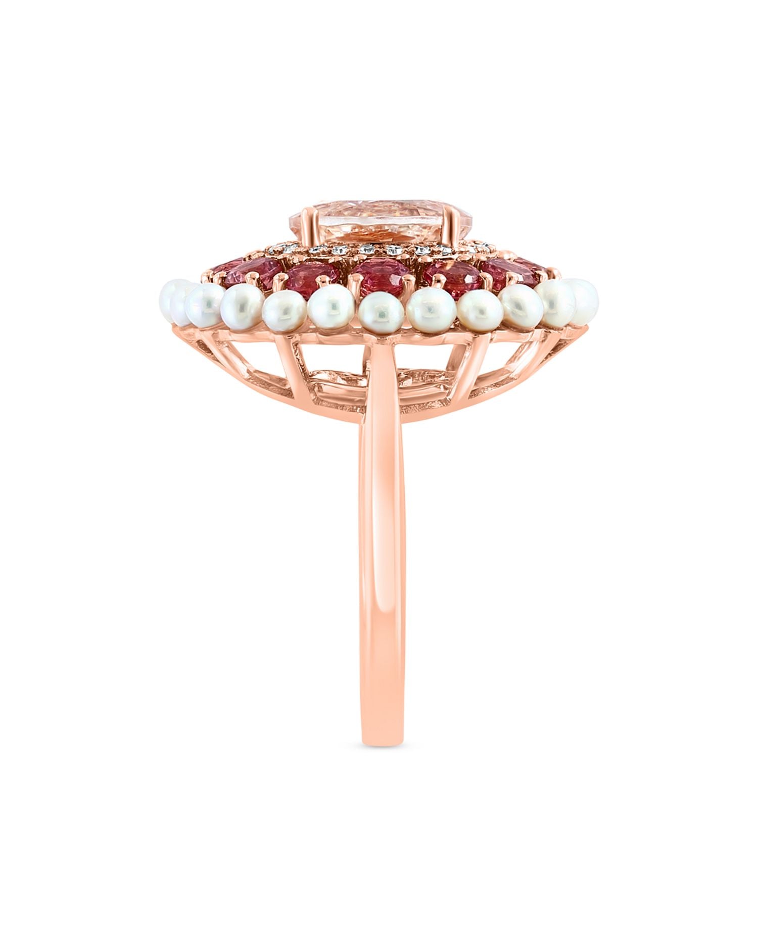 Cultured Freshwater Pearl, Pink Tourmaline, Morganite & Diamond Halo Ring in 14K Rose Gold