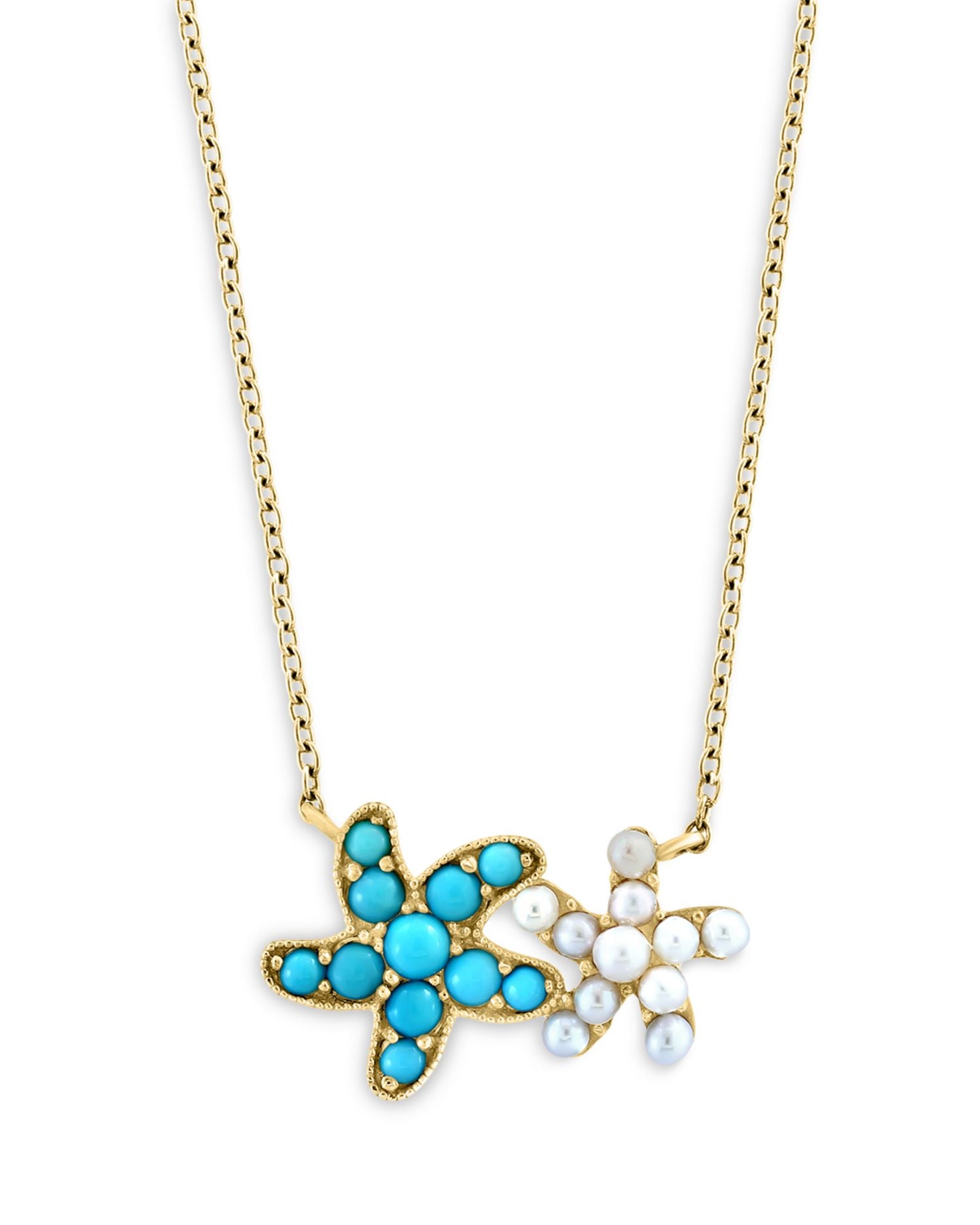 Turquoise & Cultured Freshwater Pearl Starfish Pendant Necklace in 14K Yellow Gold, 18'
