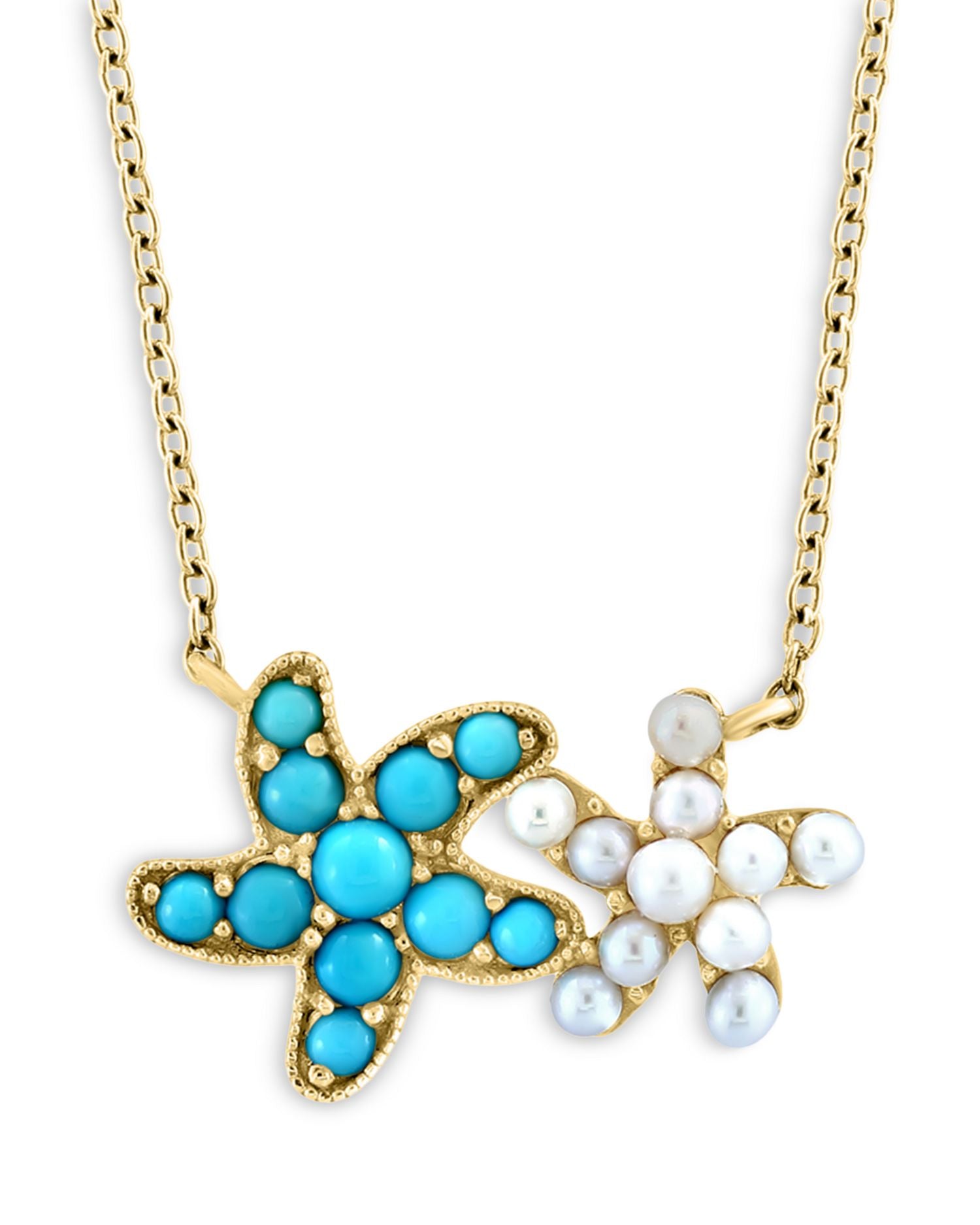 Turquoise & Cultured Freshwater Pearl Starfish Pendant Necklace in 14K Yellow Gold, 18'