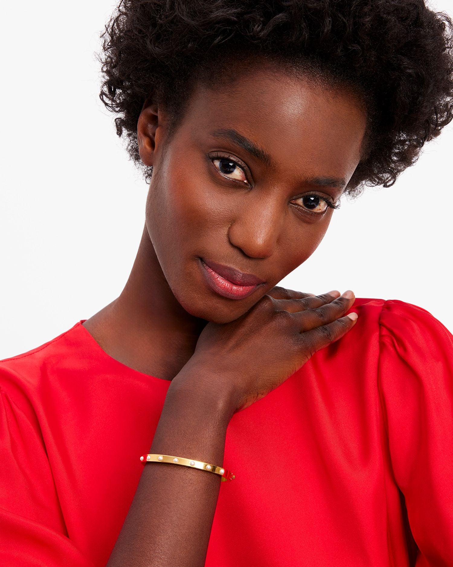 Set in Stone Imitation Pearl Hinged Bangle Bracelet