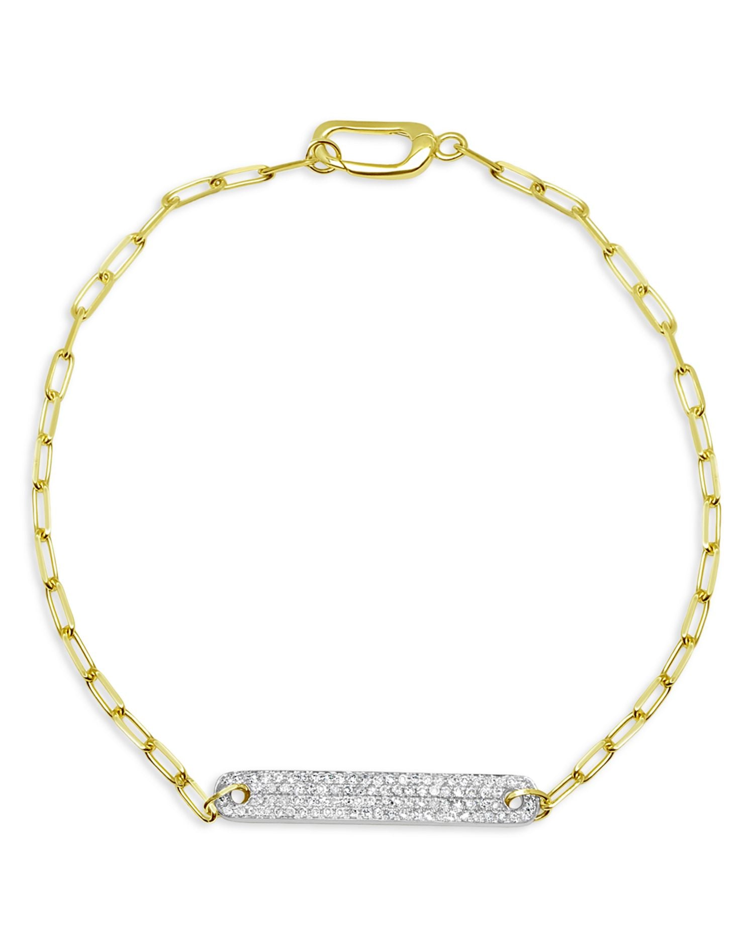 14K Yellow & White Gold Pavé Diamond Bar Paperclip Chain Bracelet