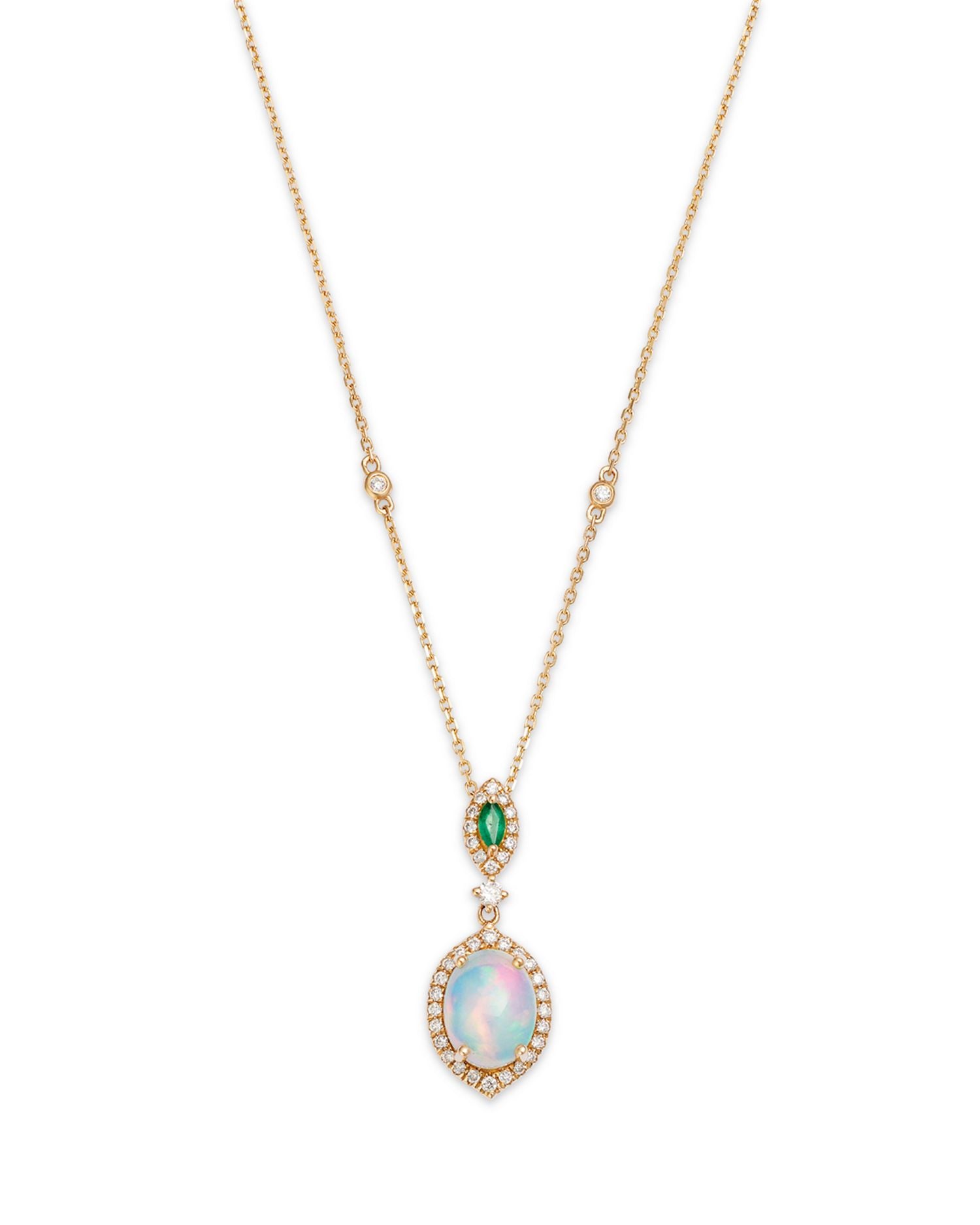 Ethiopian Opal, Emerald, & Diamond Pendant Necklace in 14K Yellow Gold, 18'