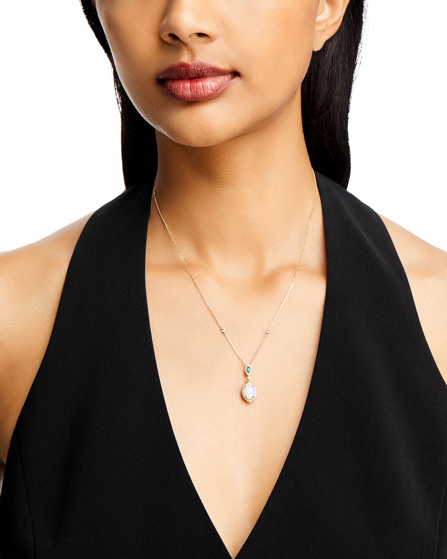 Ethiopian Opal, Emerald, & Diamond Pendant Necklace in 14K Yellow Gold, 18'