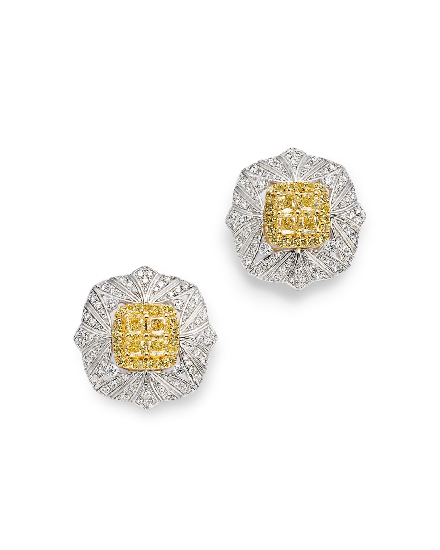 Yellow & White Diamond Vintage Look Halo Stud Earrings in 14K Yellow & White Gold, 3.90 ct. t.w.
