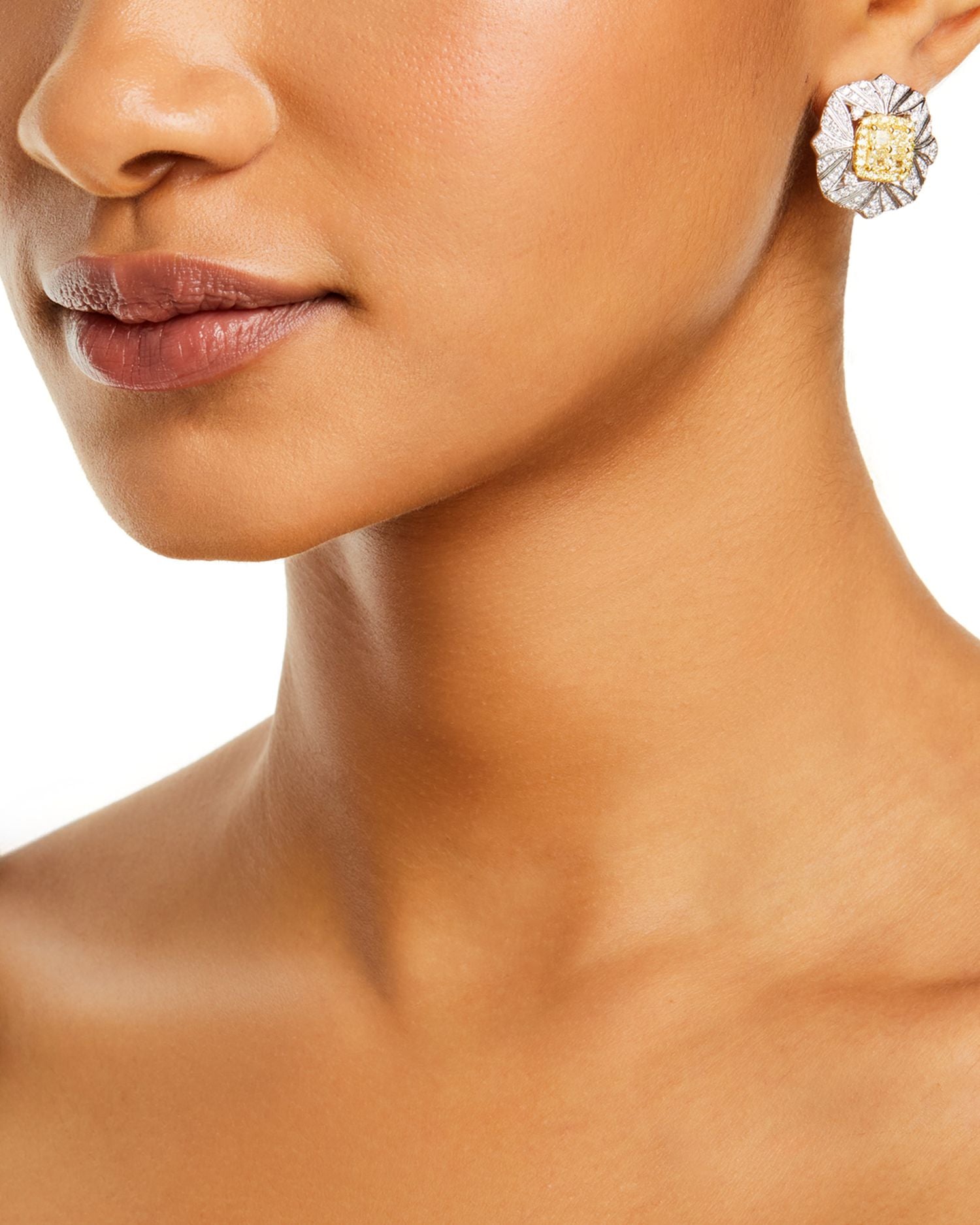 Yellow & White Diamond Vintage Look Halo Stud Earrings in 14K Yellow & White Gold, 3.90 ct. t.w.