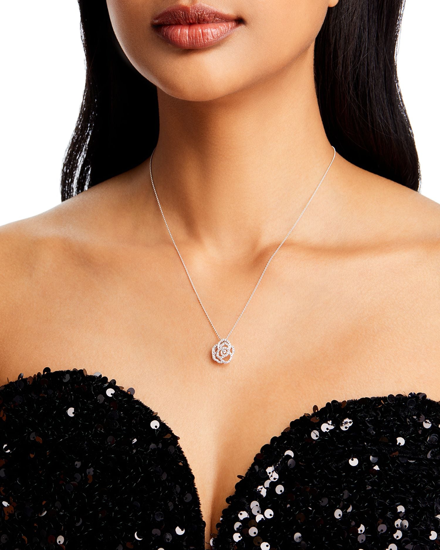 Diamond Rose Flower Openwork Pendant Necklace in 14K White Gold, 0.30 ct. t.w.