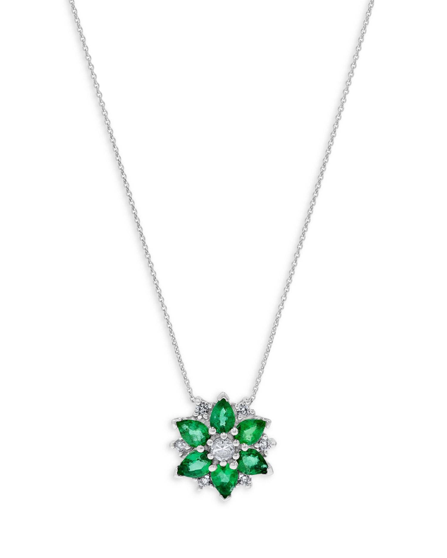 Emerald & Diamond Flower Pendant Necklace in 14K White Gold, 16'
