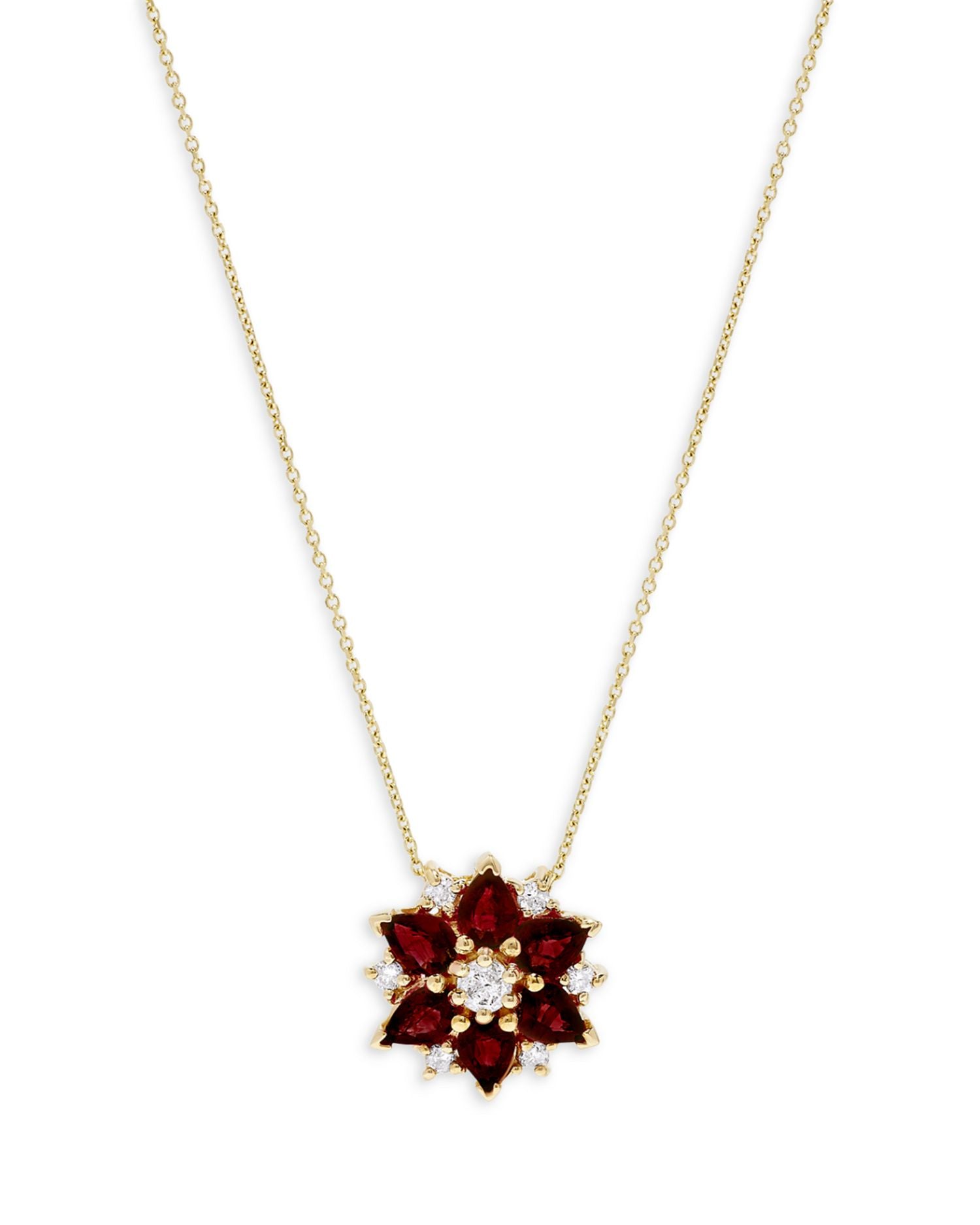 Ruby & Diamond Flower Pendant Necklace in 14K Yellow Gold, 16'