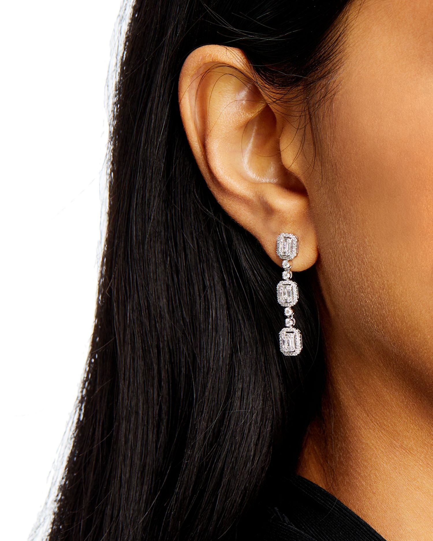 Diamond Mosaic Round & Baguette Halo Cluster Drop Earrings in 14K White Gold, 1.0 ct. t.w.