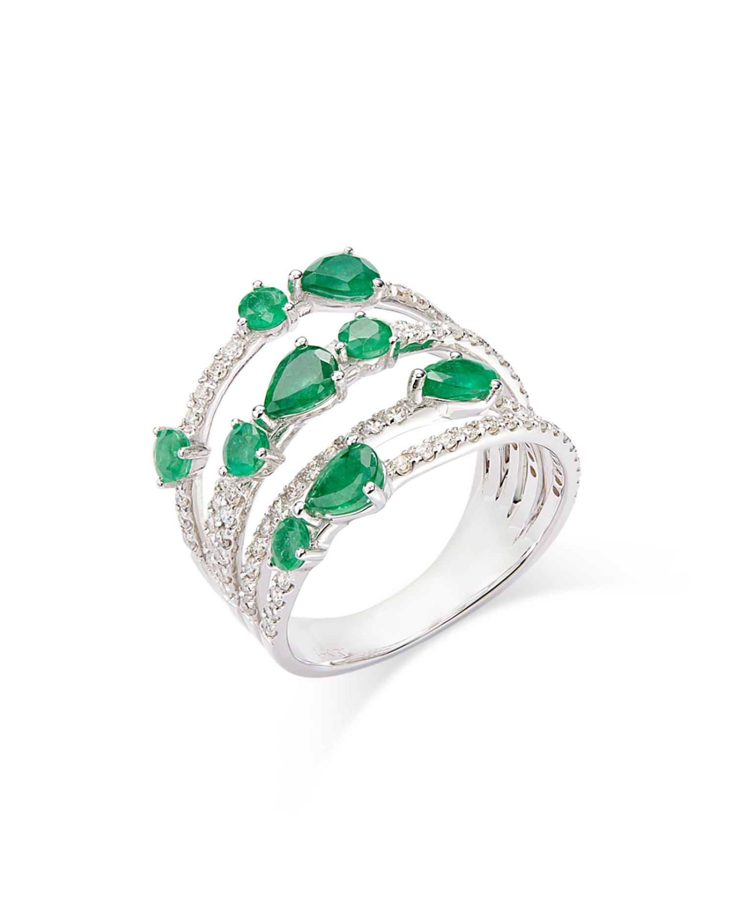 Emerald & Diamond Multirow Statement Ring in 14K White Gold