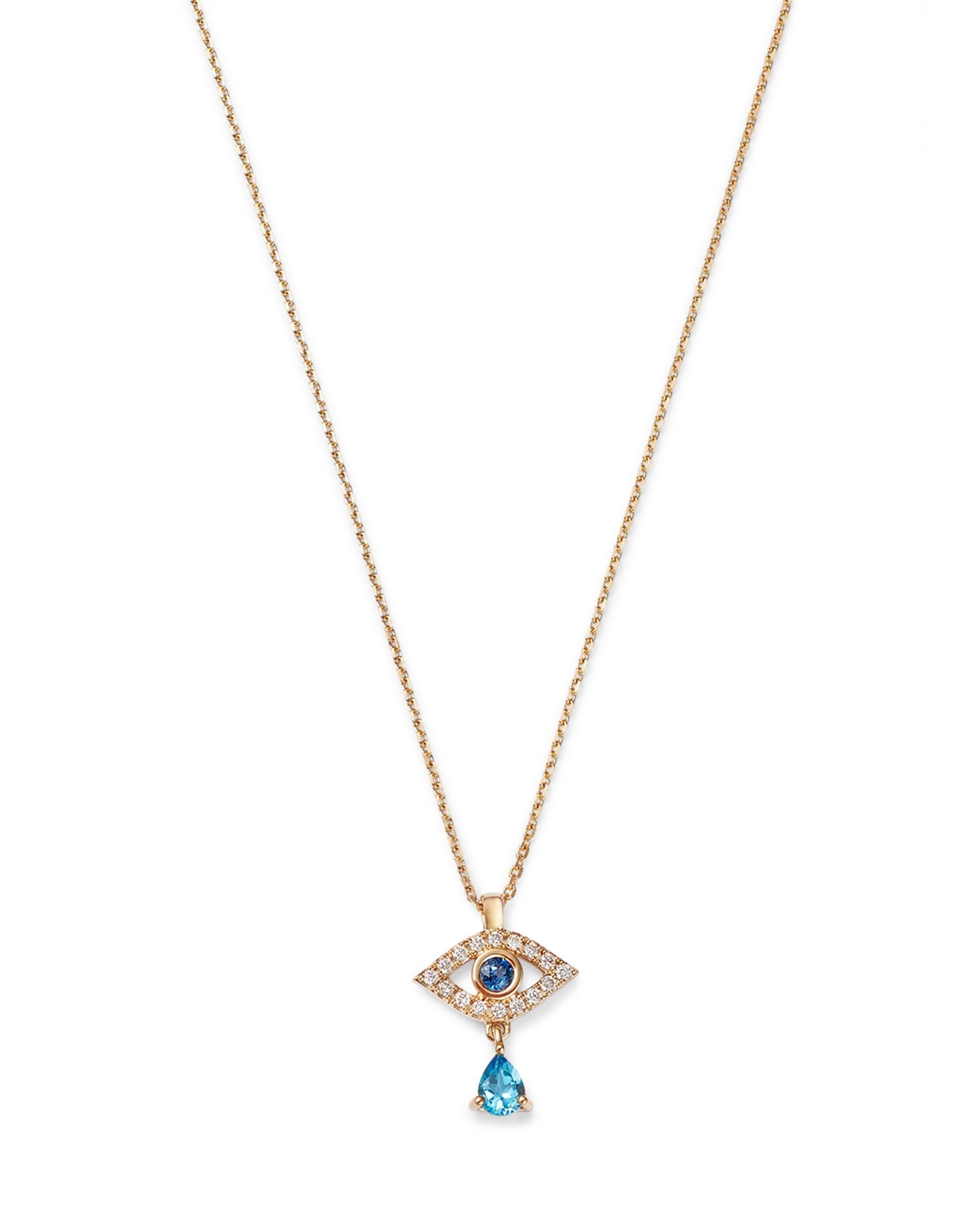 Blue Sapphire, Blue Topaz & Diamond Evil Eye Dangle Pendant Necklace in 14K Yellow Gold, 17'
