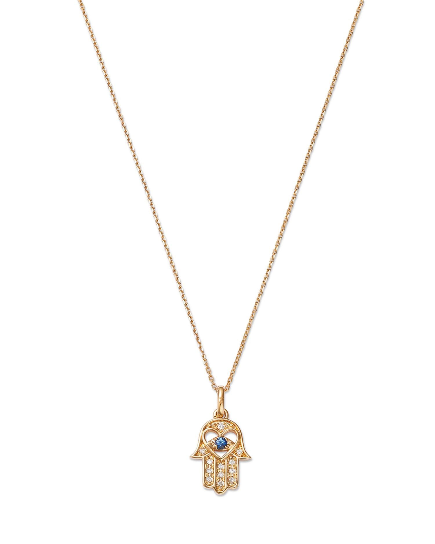 Blue Sapphire & Diamond Hamsa Hand Pendant Necklace in 14K Yellow Gold, 17'