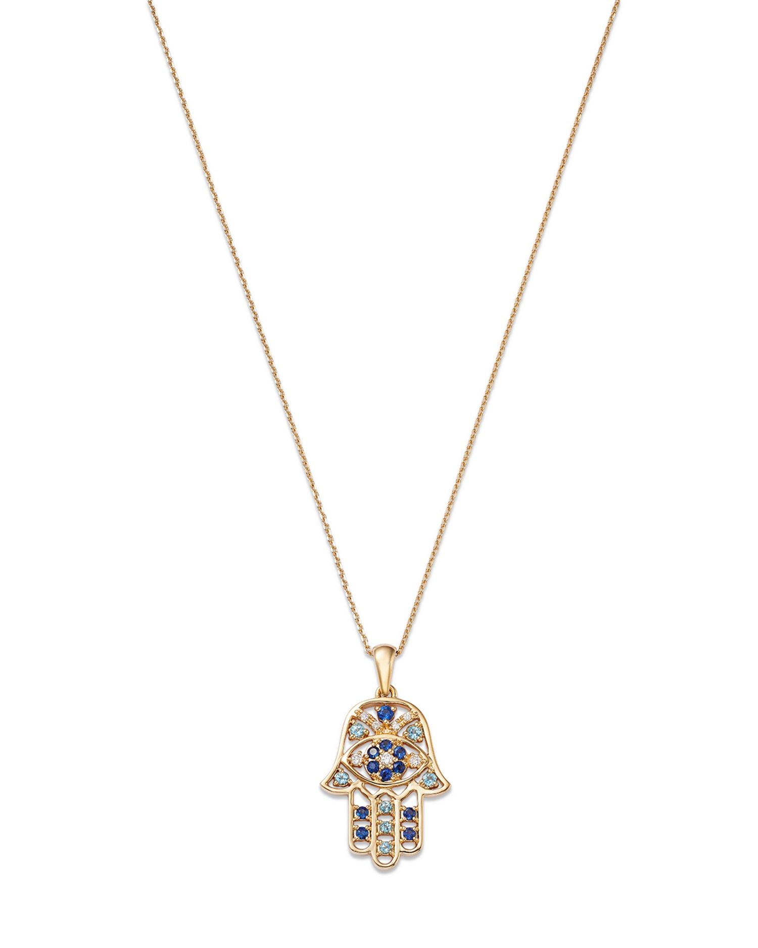 Blue Sapphire, Blue Topaz, & Diamond Accent Hamsa Hand Pendant Necklace in 14K Yellow Gold, 17'