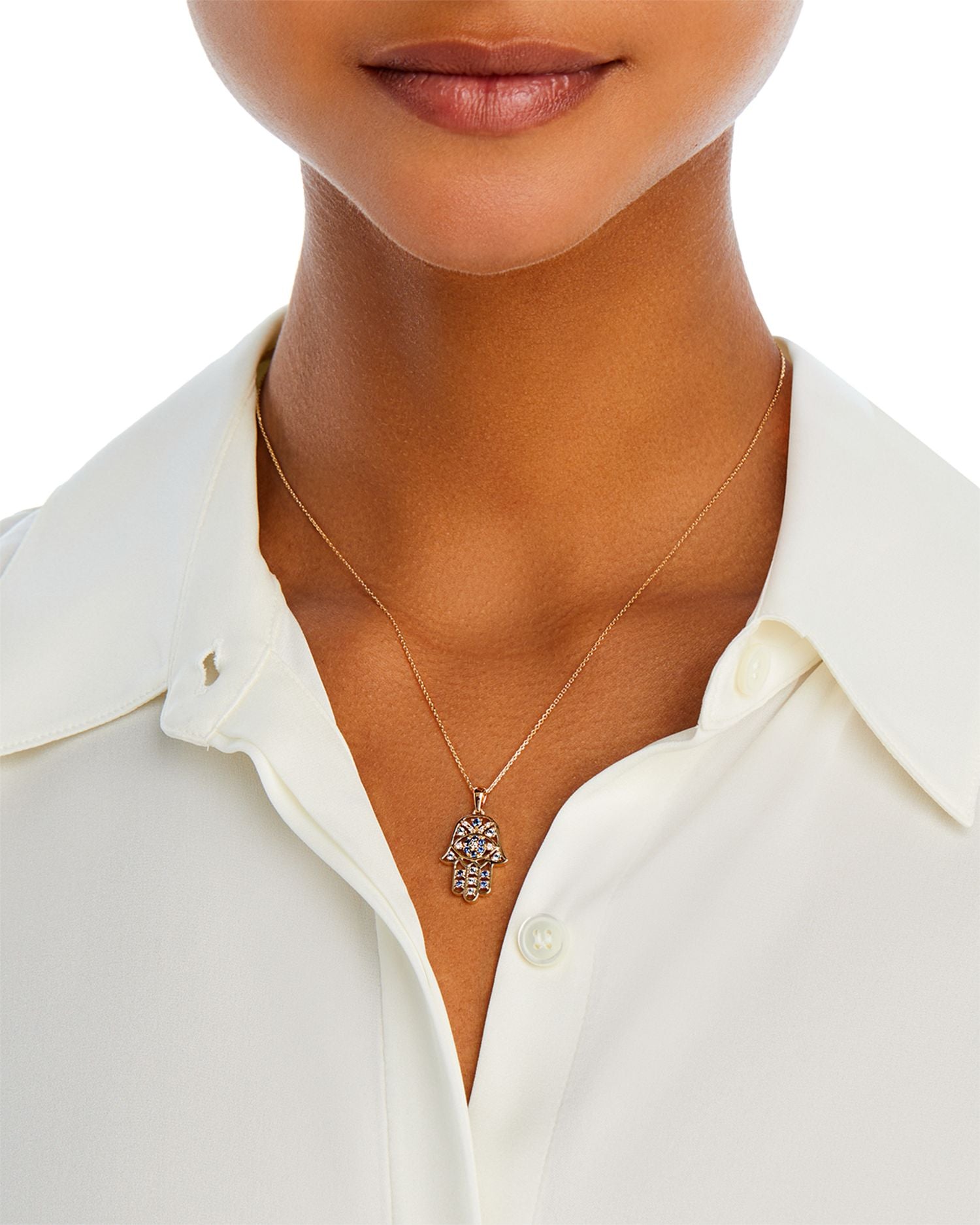Blue Sapphire, Blue Topaz, & Diamond Accent Hamsa Hand Pendant Necklace in 14K Yellow Gold, 17'