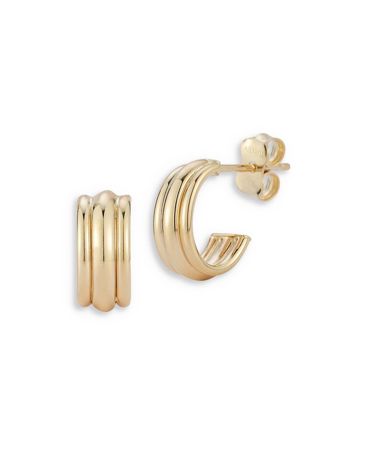 14K Yellow Gold Triple Rib Huggie Earrings