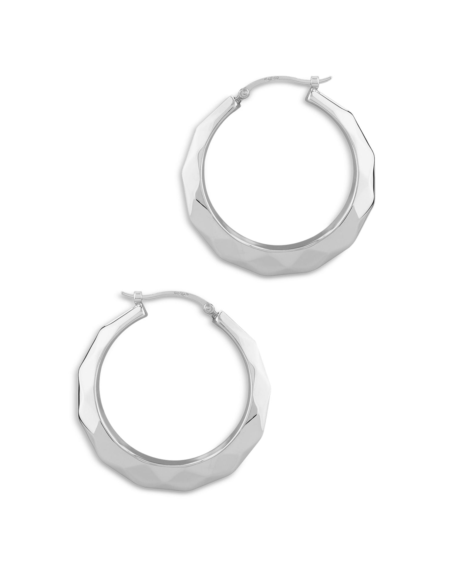 Faceted Look Medium Hoop Earrings in Sterling Silver