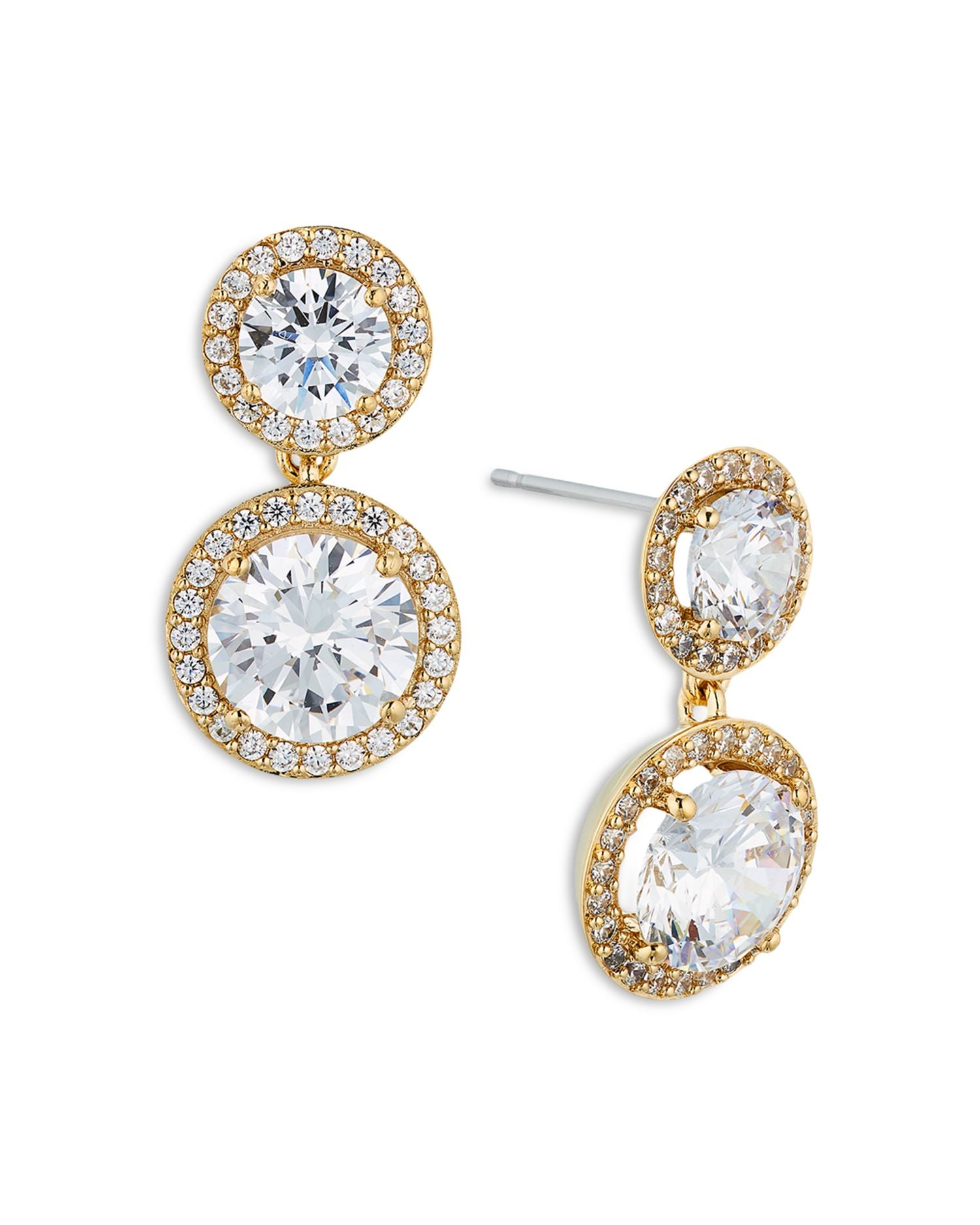 Round Double Halo Drop Earrings in 18K Gold Plated or Rhodium Plated