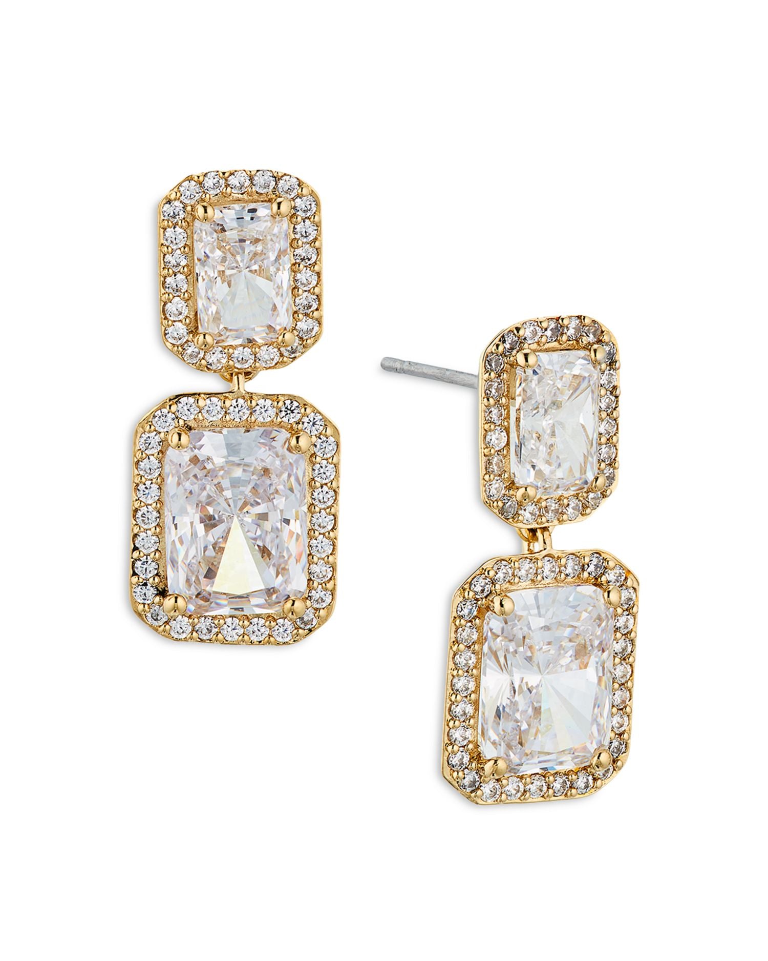 Emerald Cut Halo Drop Earrings in 18K Gold Plated or Rhodium Plated
