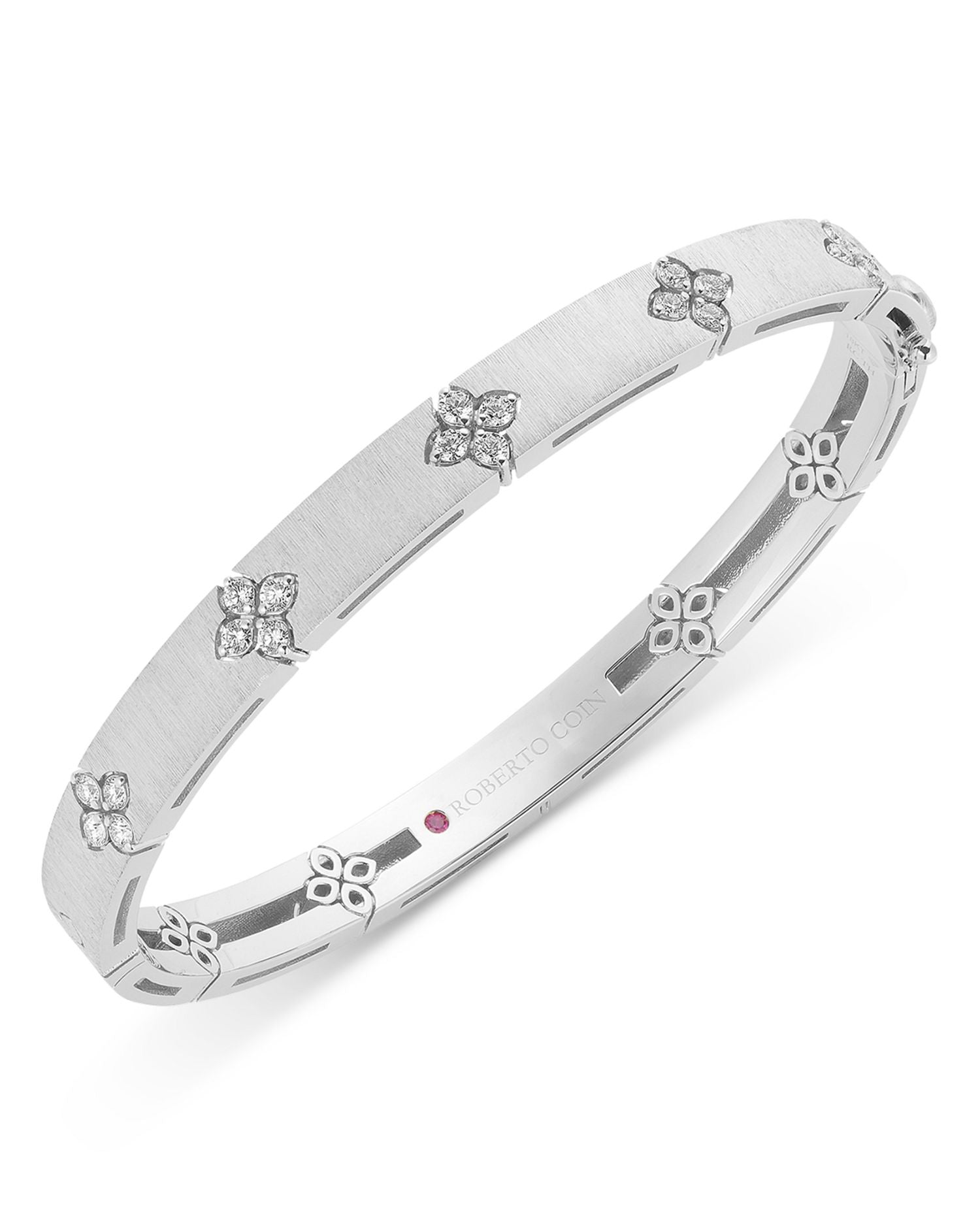 18K White Gold Love in Verona Diamond Flower Satin Bangle Bracelet