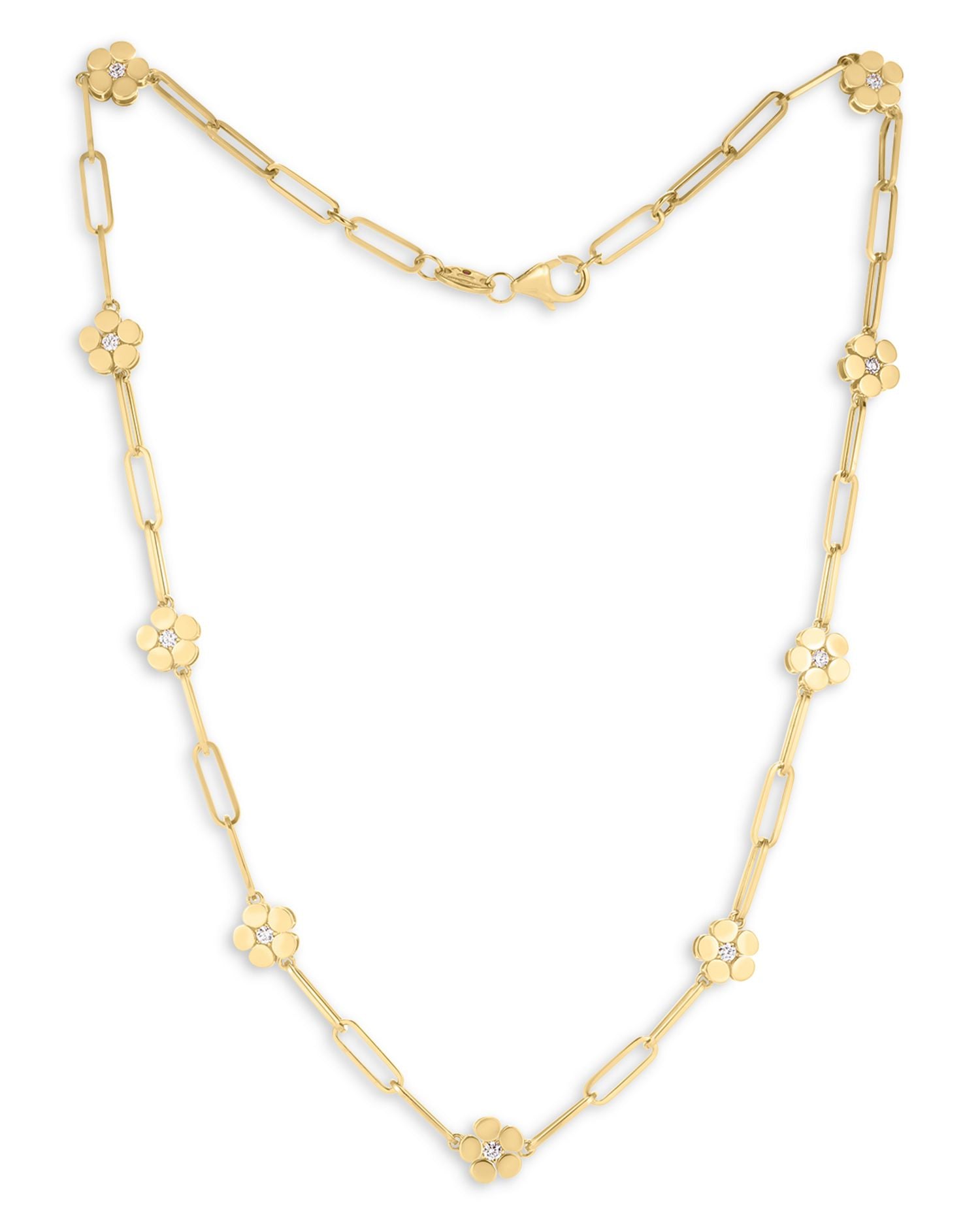 18K Yellow Gold Daisy Diamond Station Paperclip Chain Necklace, 16' - Exclusive