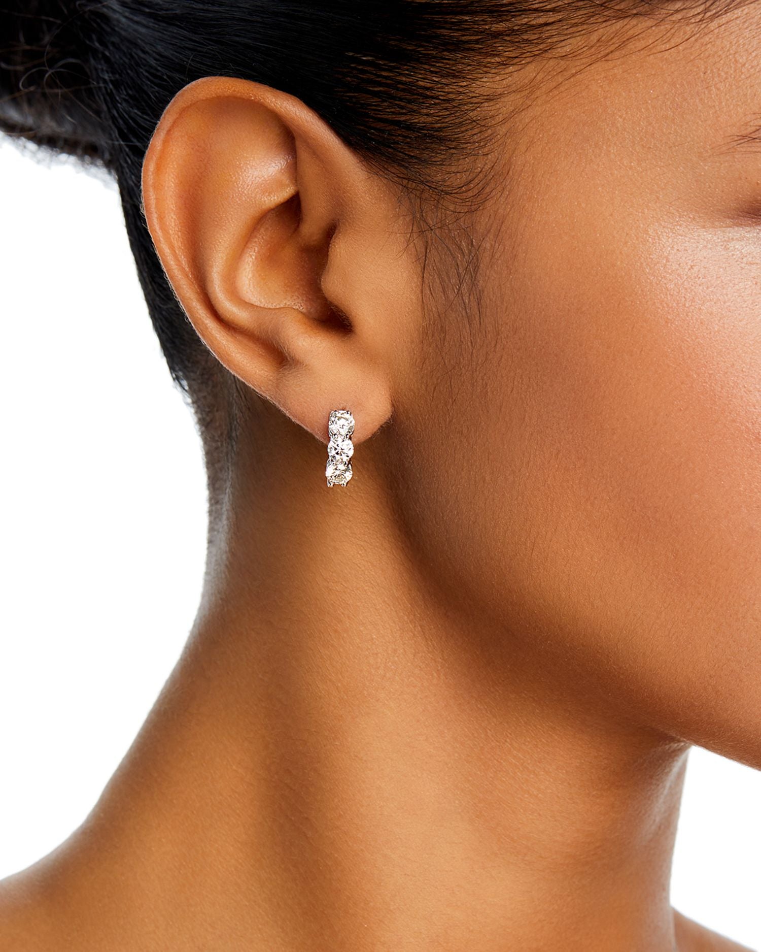 Diamond Three Stone Huggie Earrings in 14K White Gold, 2.0 ct. t.w.