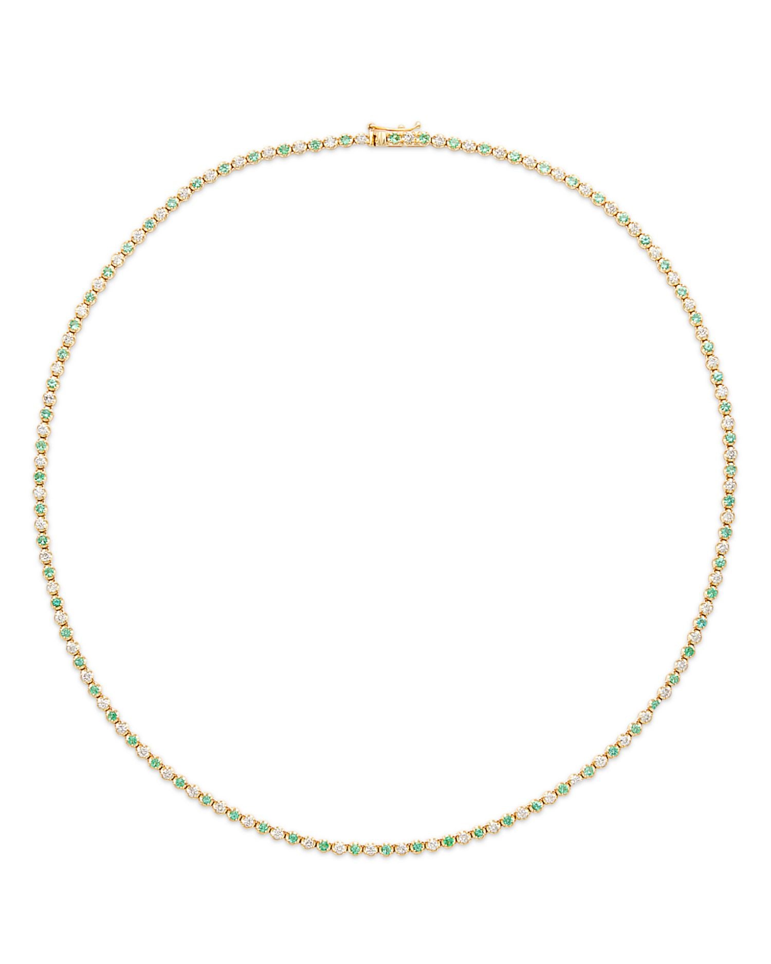 Emerald & Diamond Crown Set Tennis Necklace in 14K Yellow Gold, 16.5"