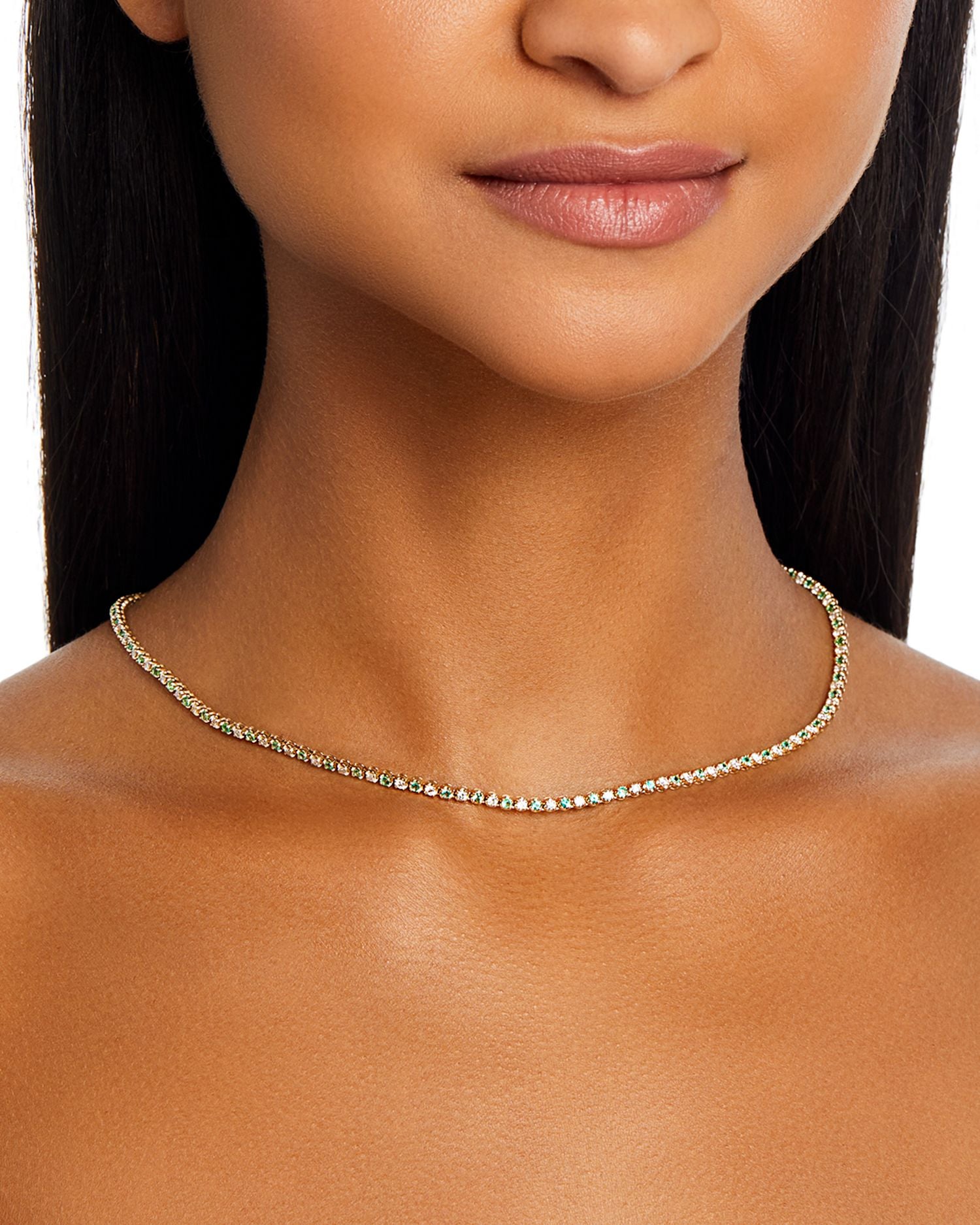 Emerald & Diamond Crown Set Tennis Necklace in 14K Yellow Gold, 16.5"