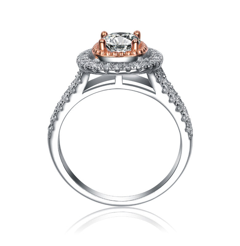 GENEVIVE Sterling Silver Rose Gold Plated Cubic Zirconia Double Halo Ring