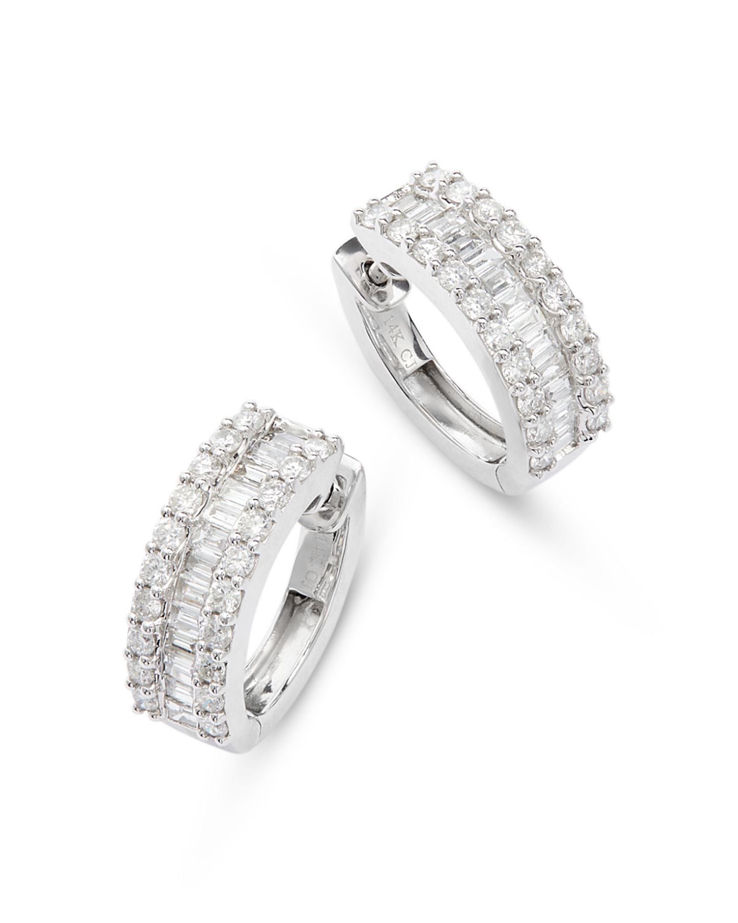 Diamond Baguette & Round Huggie Hoop Earring in 14K White Gold, 2.0 ct. t.w.