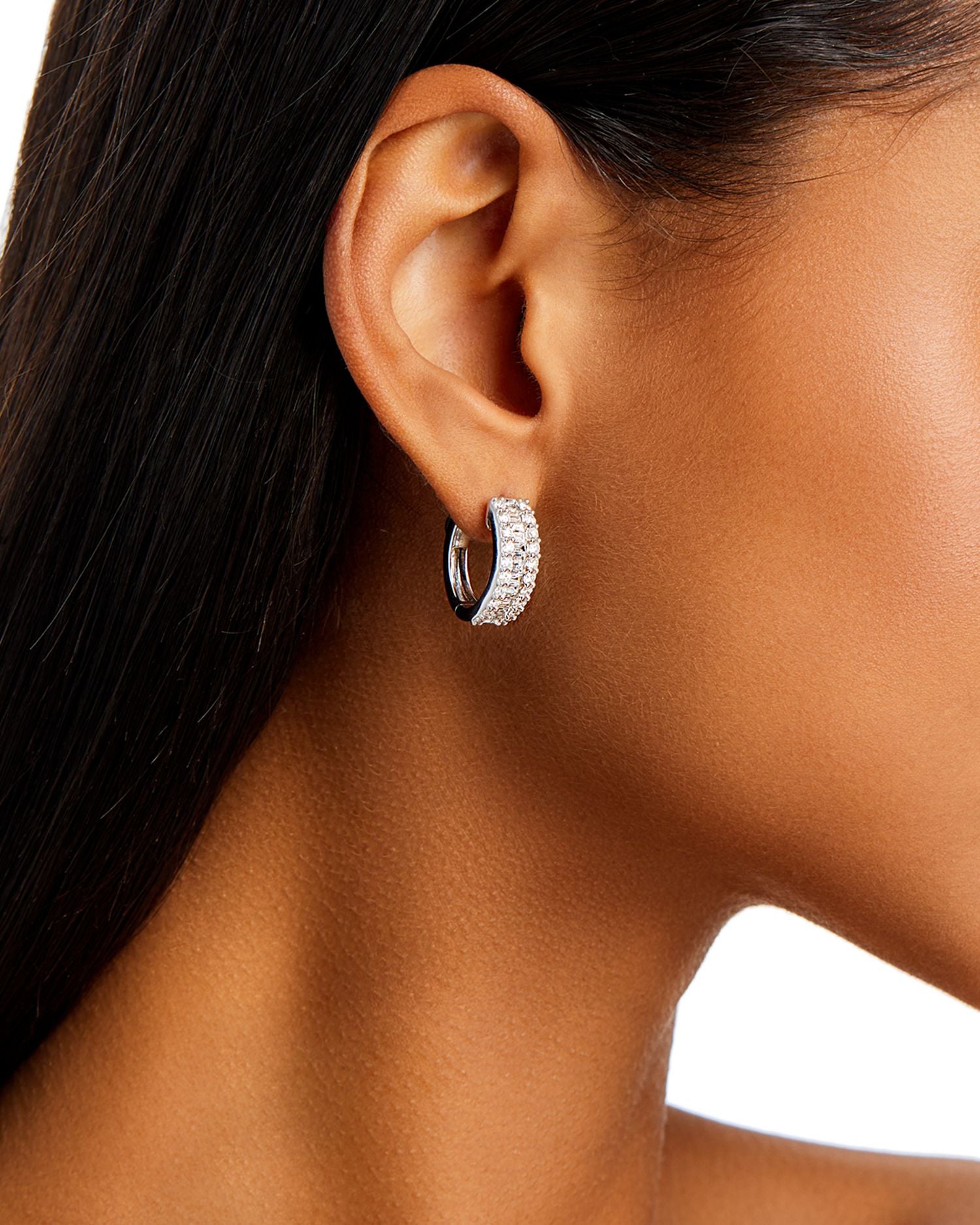 Diamond Baguette & Round Huggie Hoop Earring in 14K White Gold, 2.0 ct. t.w.