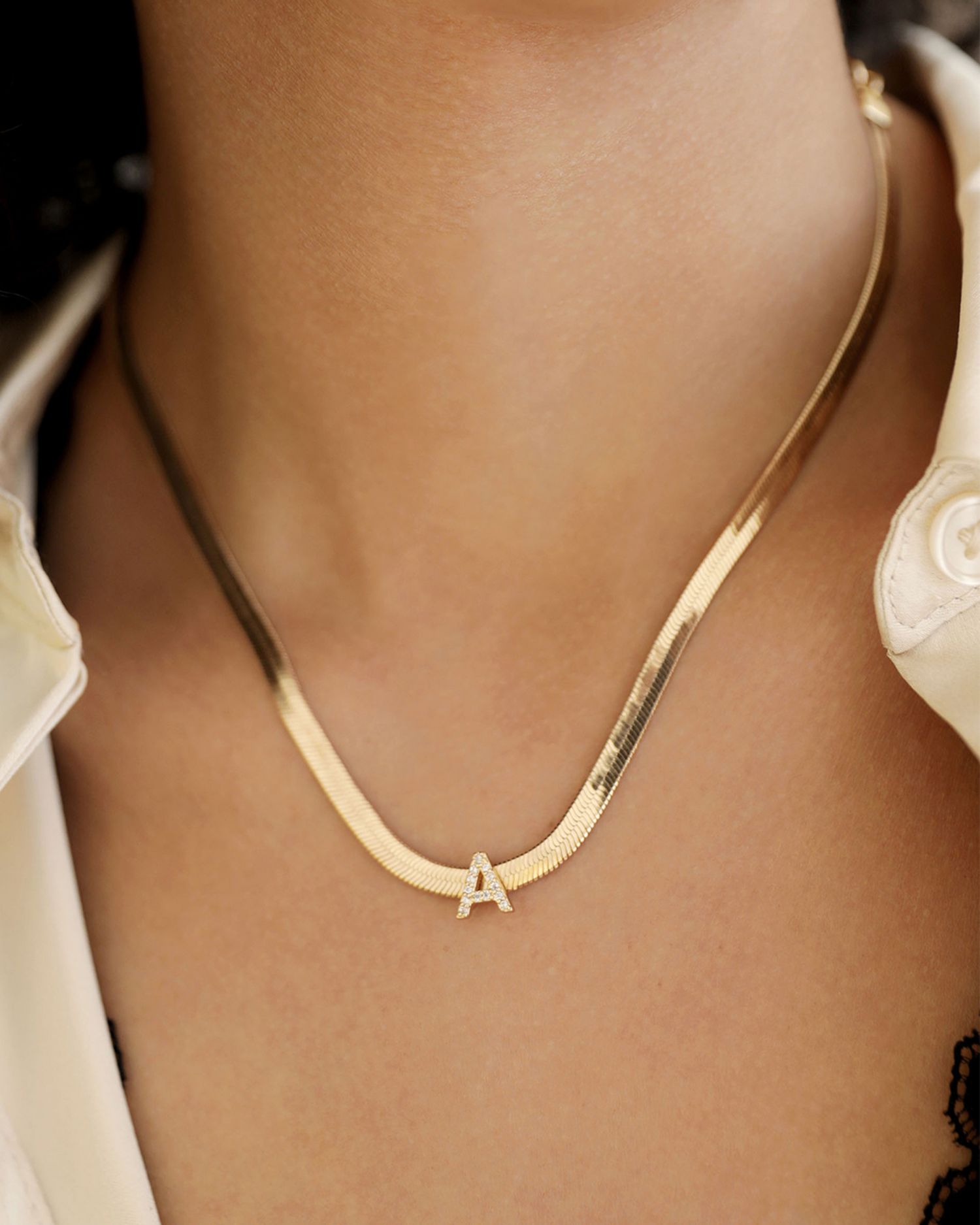 Initial Herringbone Chain Necklace in 18K Gold Plated, 12'