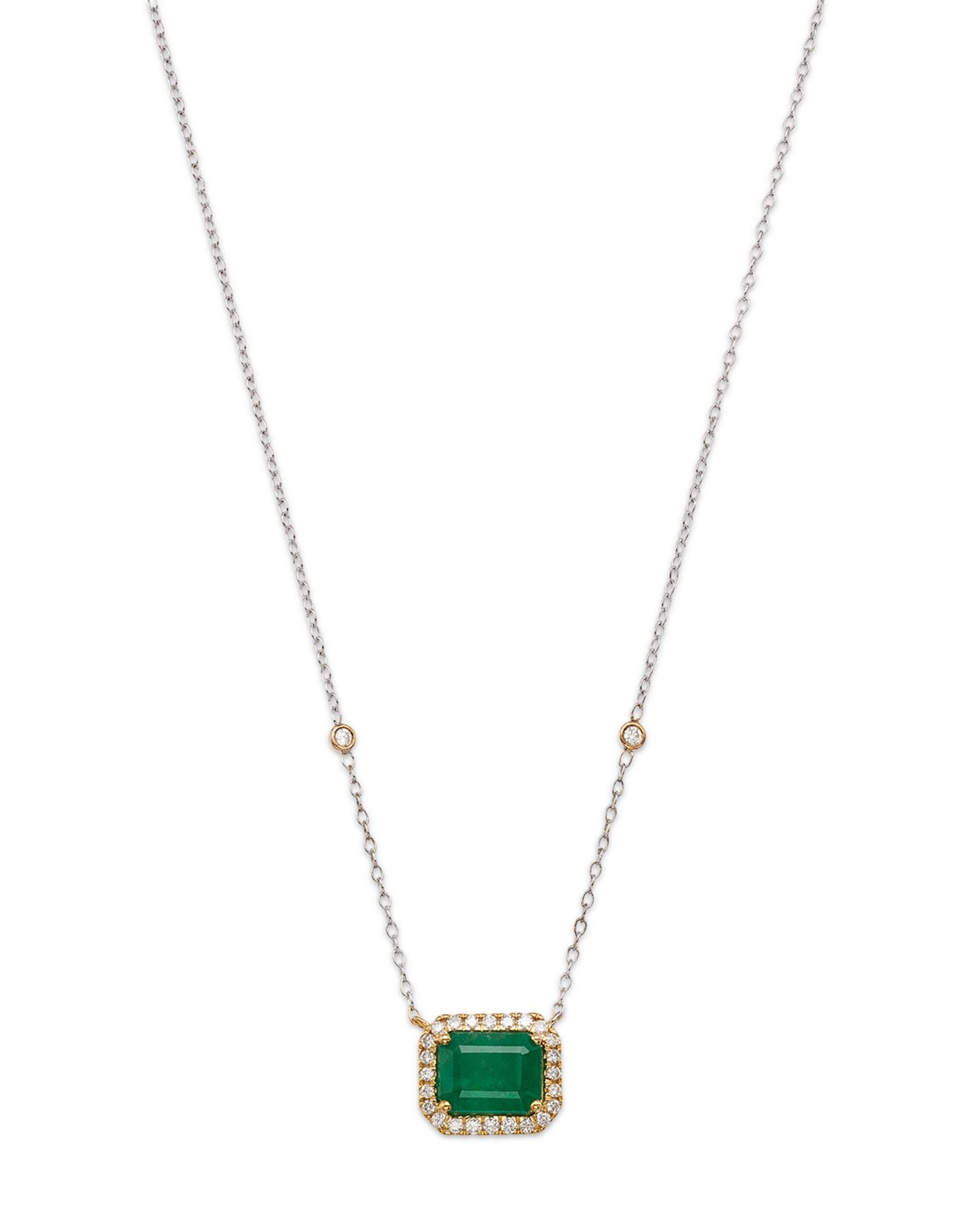 Emerald & Diamond Halo Pendant Necklace in 14K White & Yellow Gold