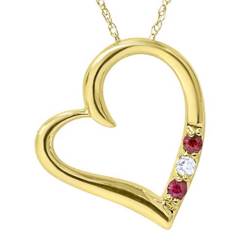 Diamond & Ruby Heart Pendant 3-Stone 10K Yellow Gold with 18' Chain