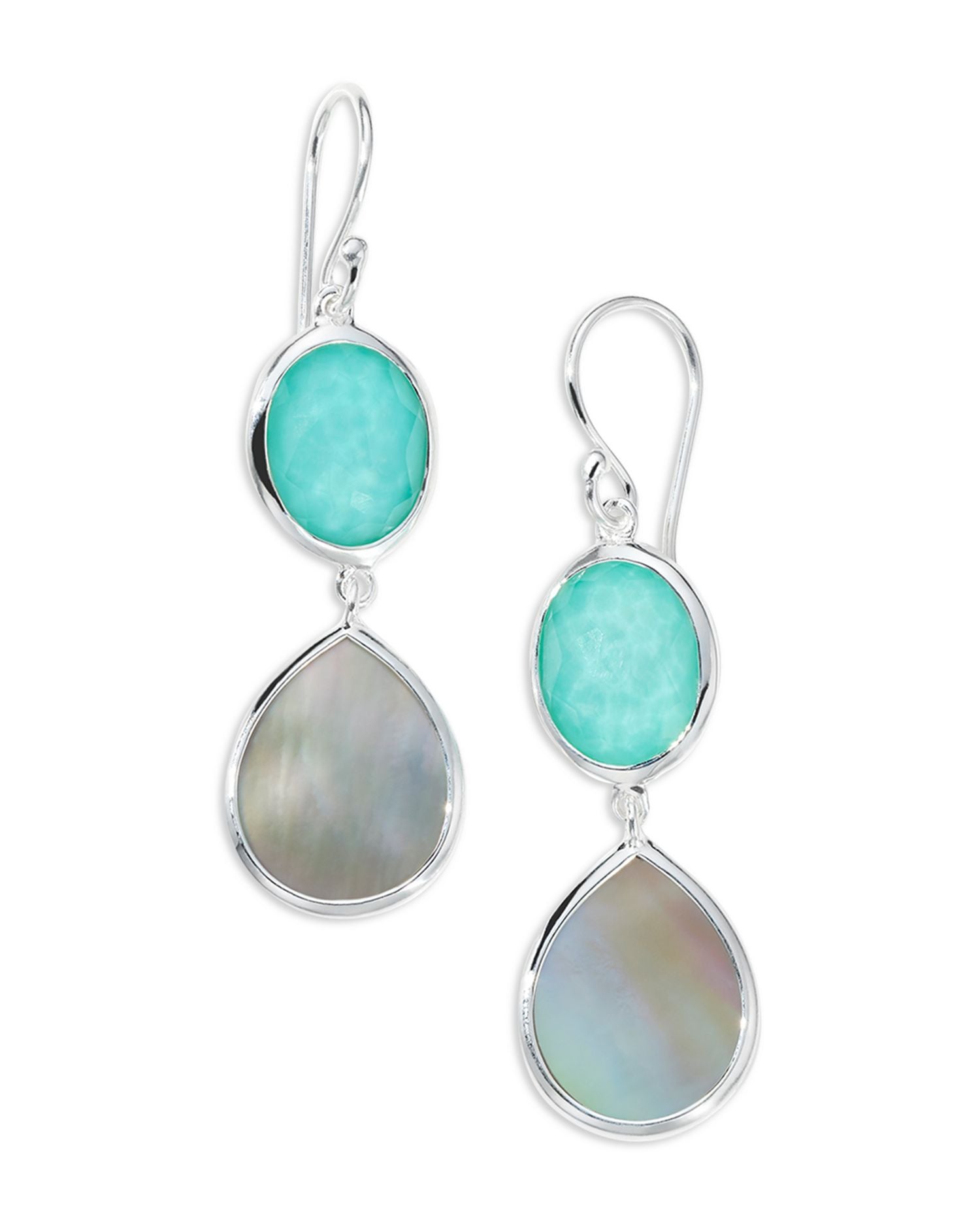 Sterling Silver 925 Polished Rock Candy® Turquoise Doublet & Brown Shell Double Drop Earrings