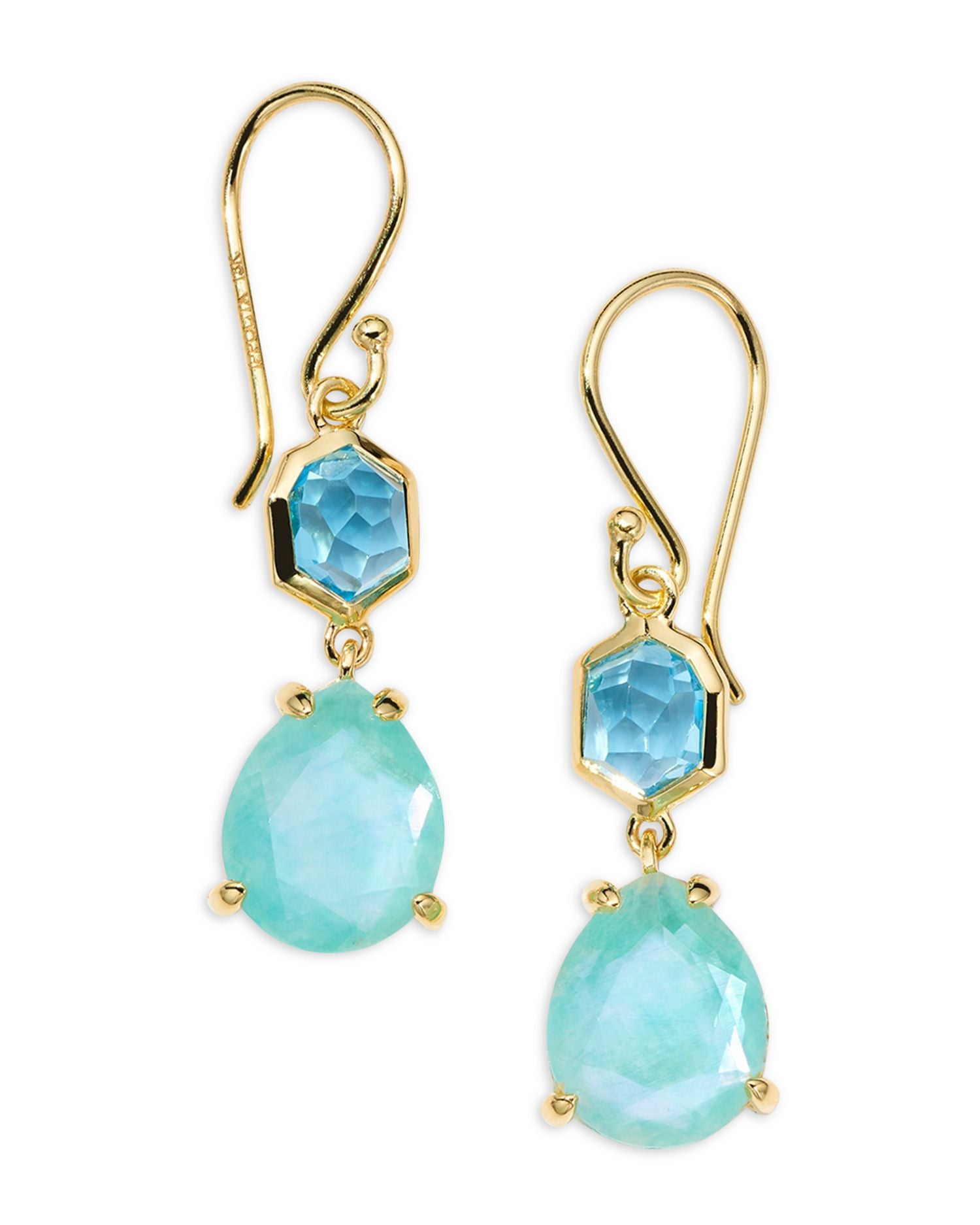 18K Yellow Gold Rock Candy® Swiss Blue Topaz & Amazonite, Mother of Pearl, & Clear Quartz Triplet Double Drop Earrings
