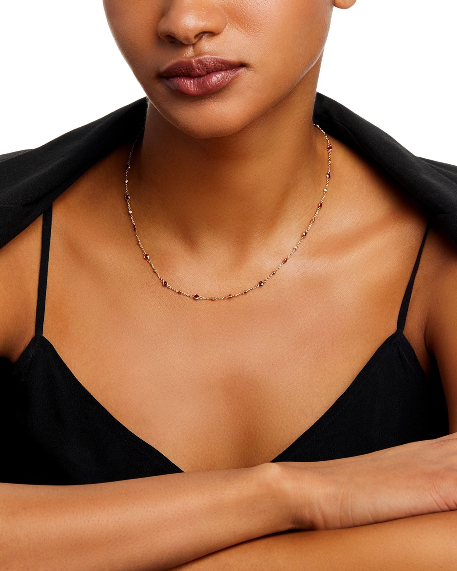Precious Gemstone & Diamond Bezel Station Collar Necklace Collection in 14K Yellow Gold, 16-18'