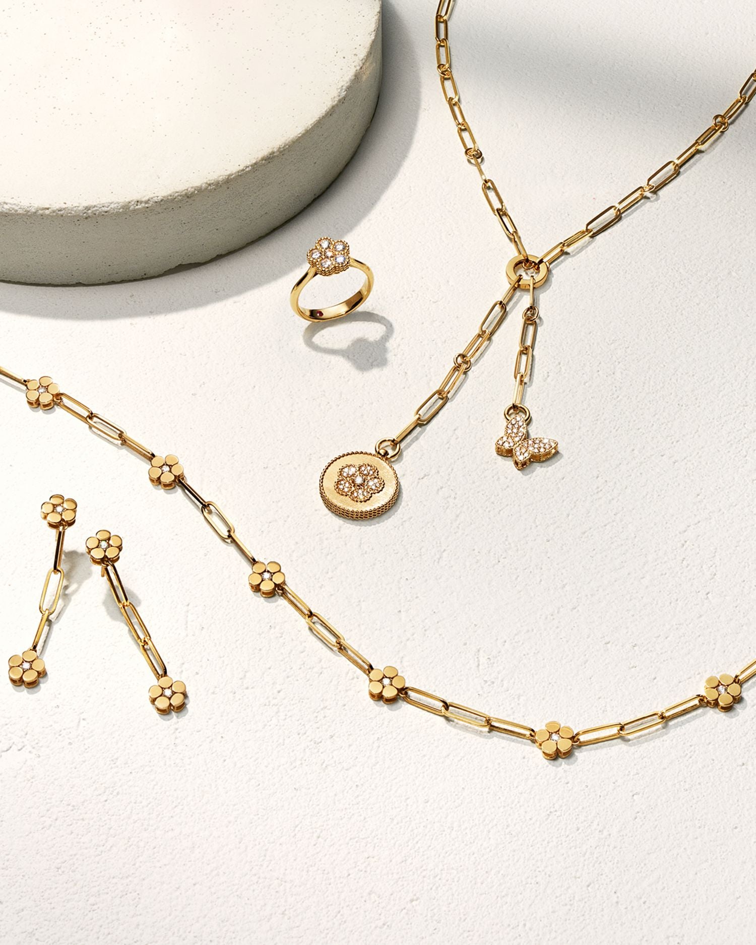 18K Yellow Gold Daisy Diamond Flower Chain Drop Earrings - Exclusive