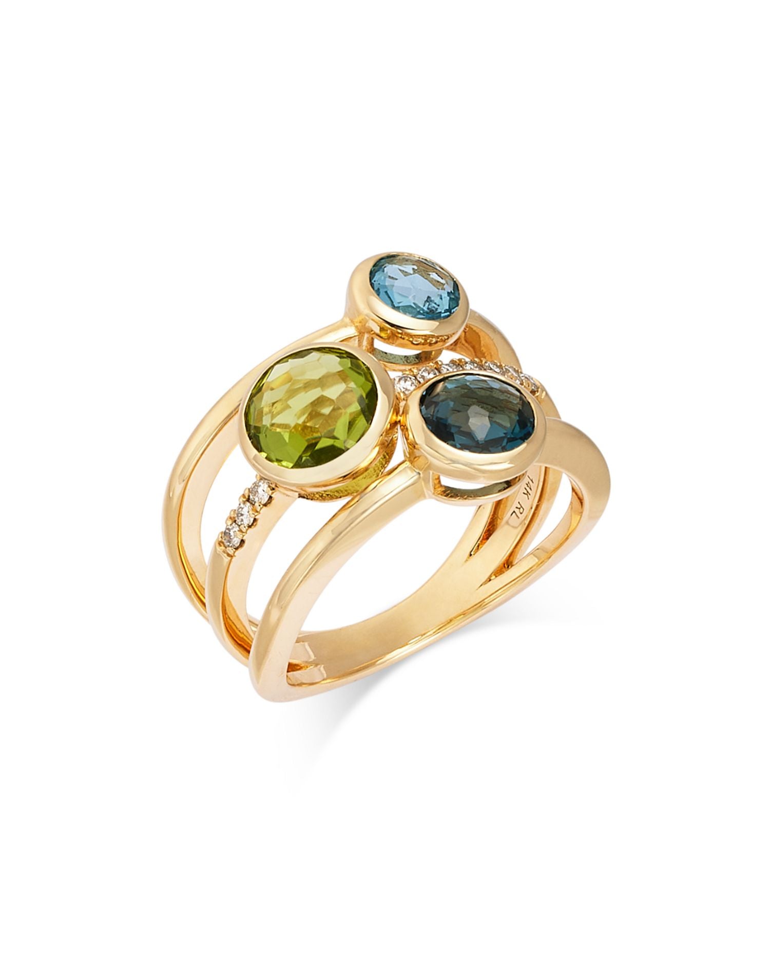Swiss Blue Topaz, London Blue Topaz, Peridot, & Diamond Multi Row Ring in 14K Yellow Gold