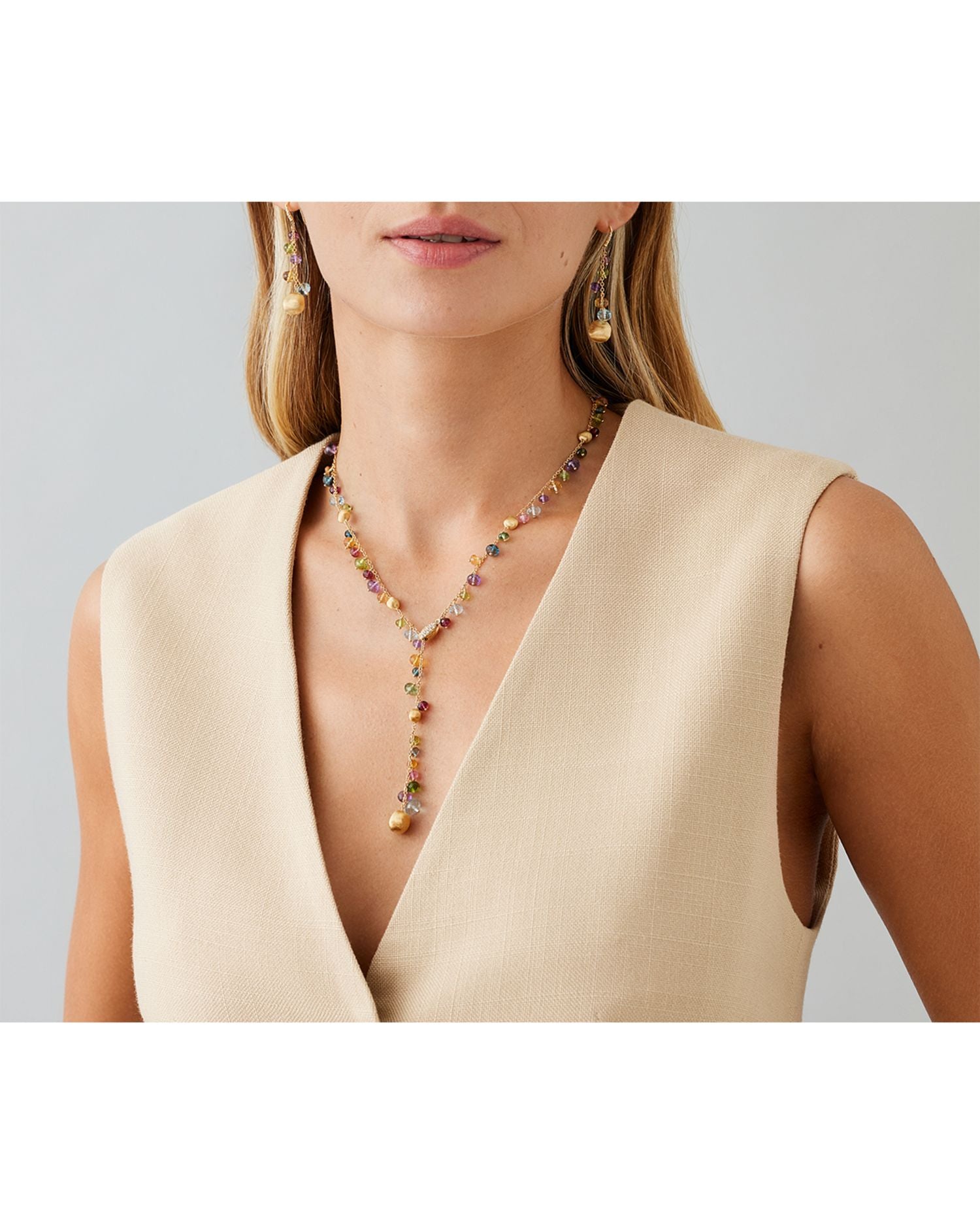 18K Yellow Gold Africa Multi Gemstone Bead & Diamond Adjustable Lariat Necklace, 18"