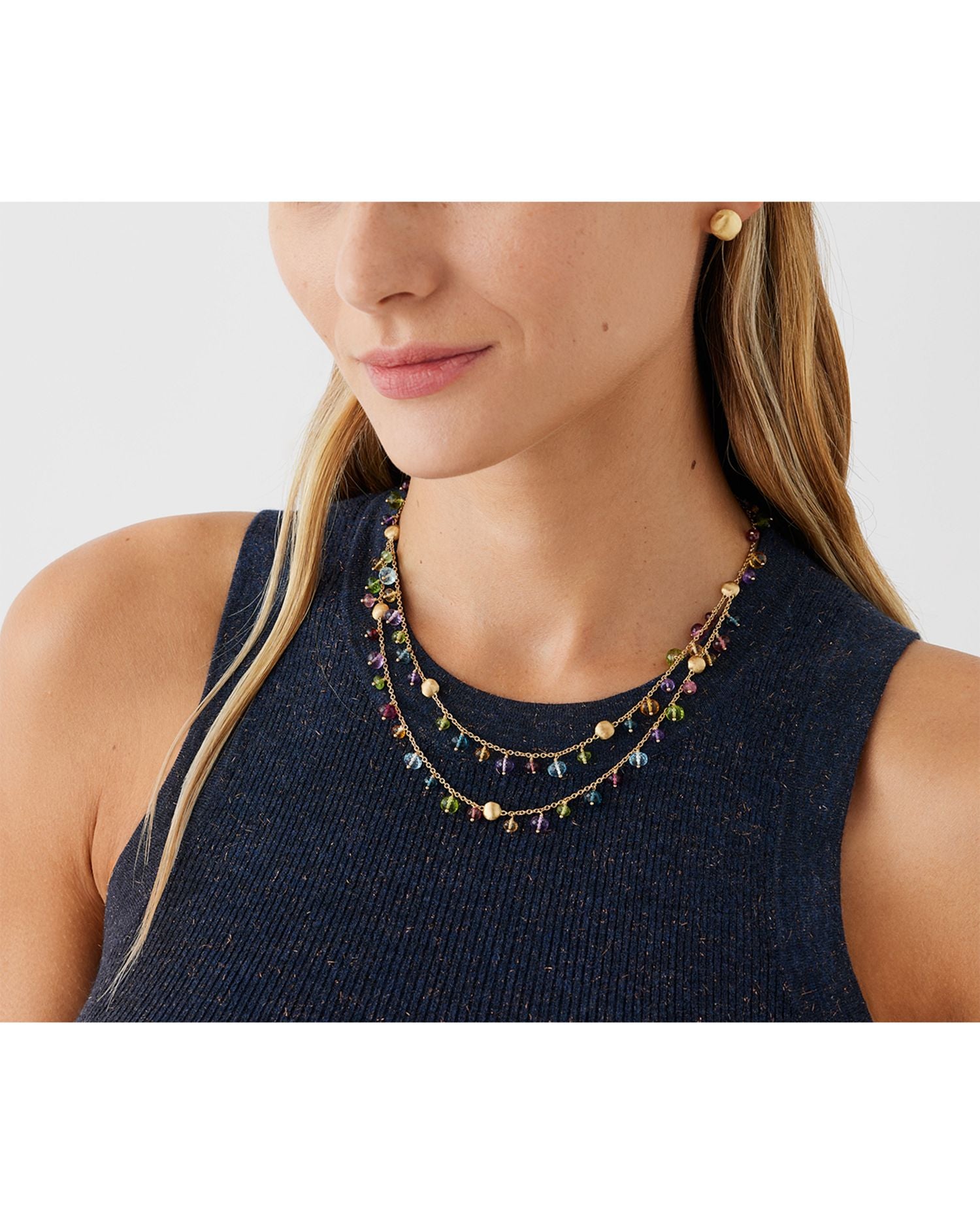 18K Yellow Gold Africa Multi Gemstone Dangle Double Strand Statement Necklace, 16.5'