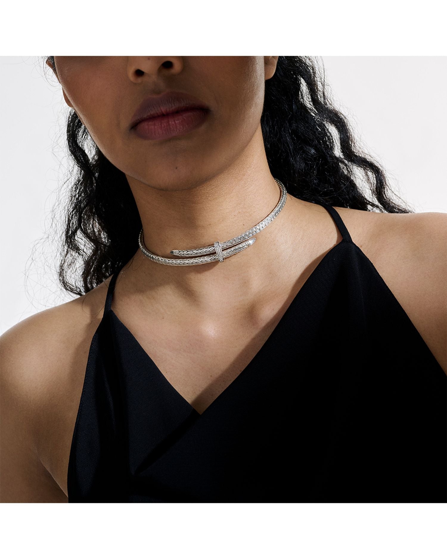 Sterling Silver Classic Chain Diamond Pavé Coil Choker Necklace, 13'
