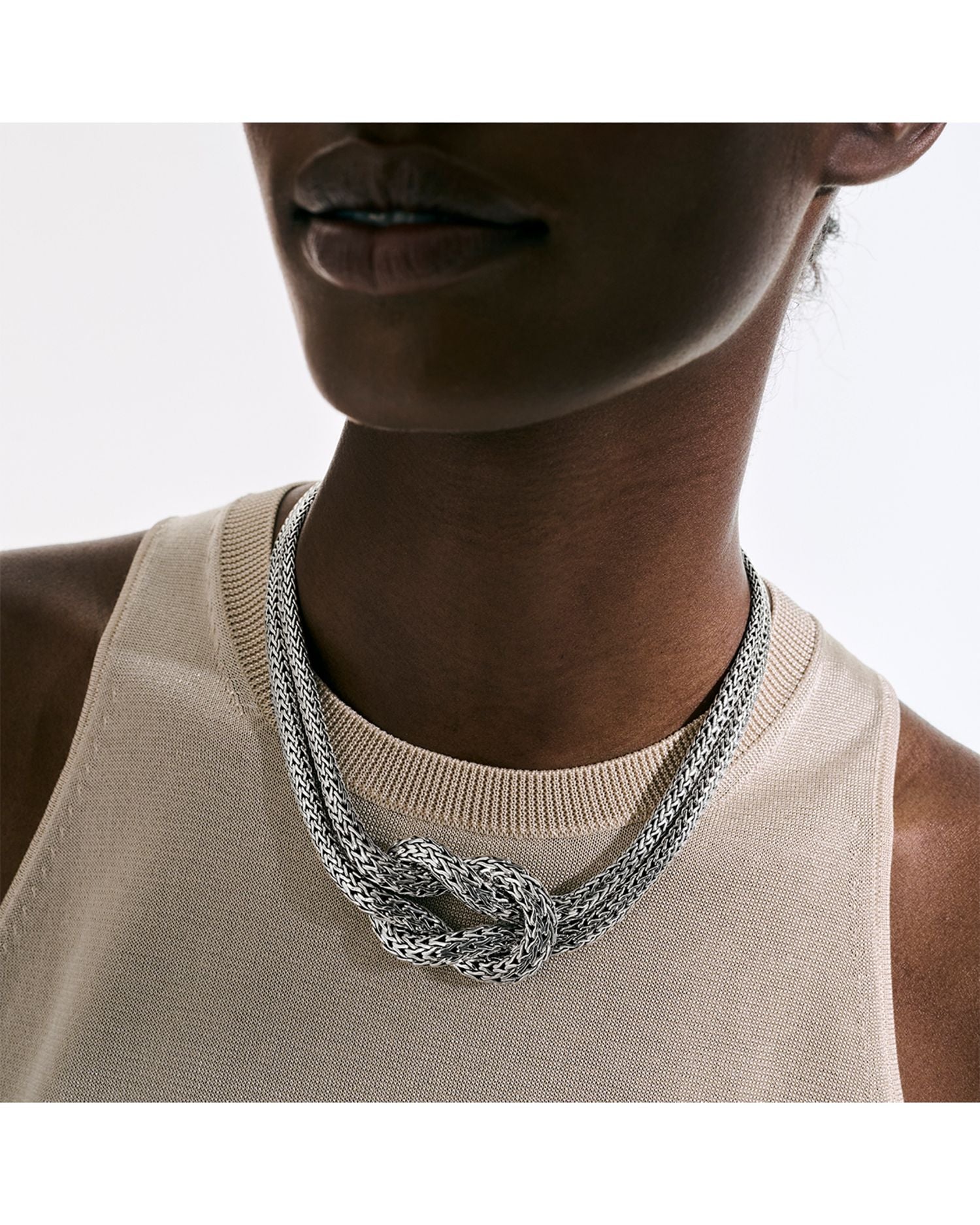 Sterling Silver Classic Chain Love Knot Double Strand Collar Necklace, 16'