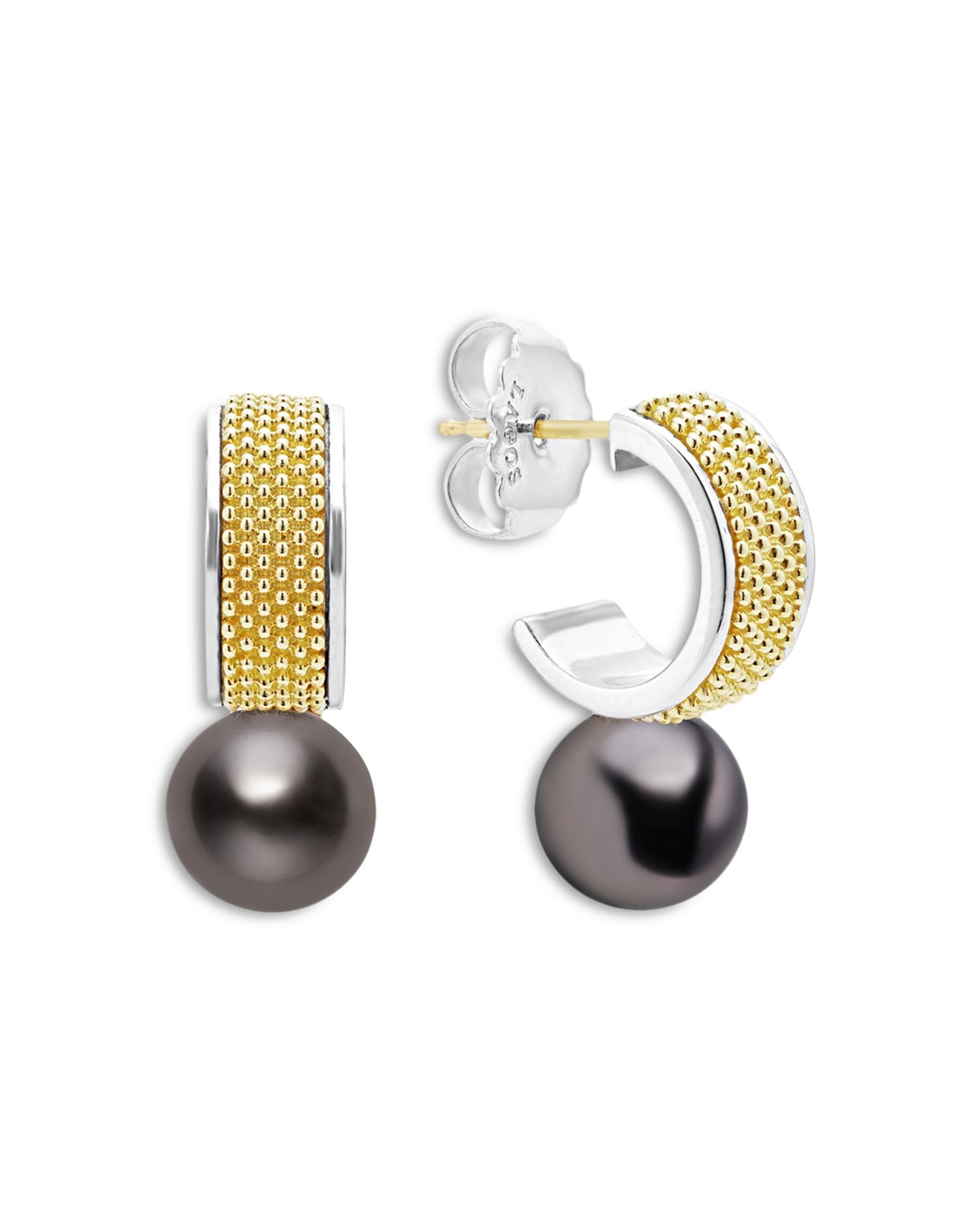18K Yellow Gold & Sterling Silver Luna Black Tahitian Pearl Half Hoop Earrings