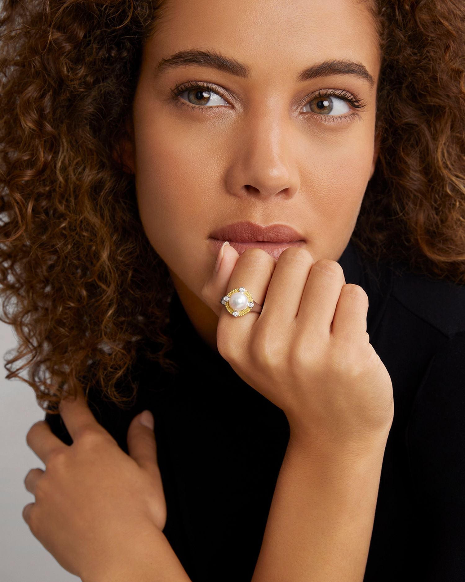 18K Yellow Gold & Sterling Silver Luna Cultured Freshwater Pearl & Diamond Halo Ring