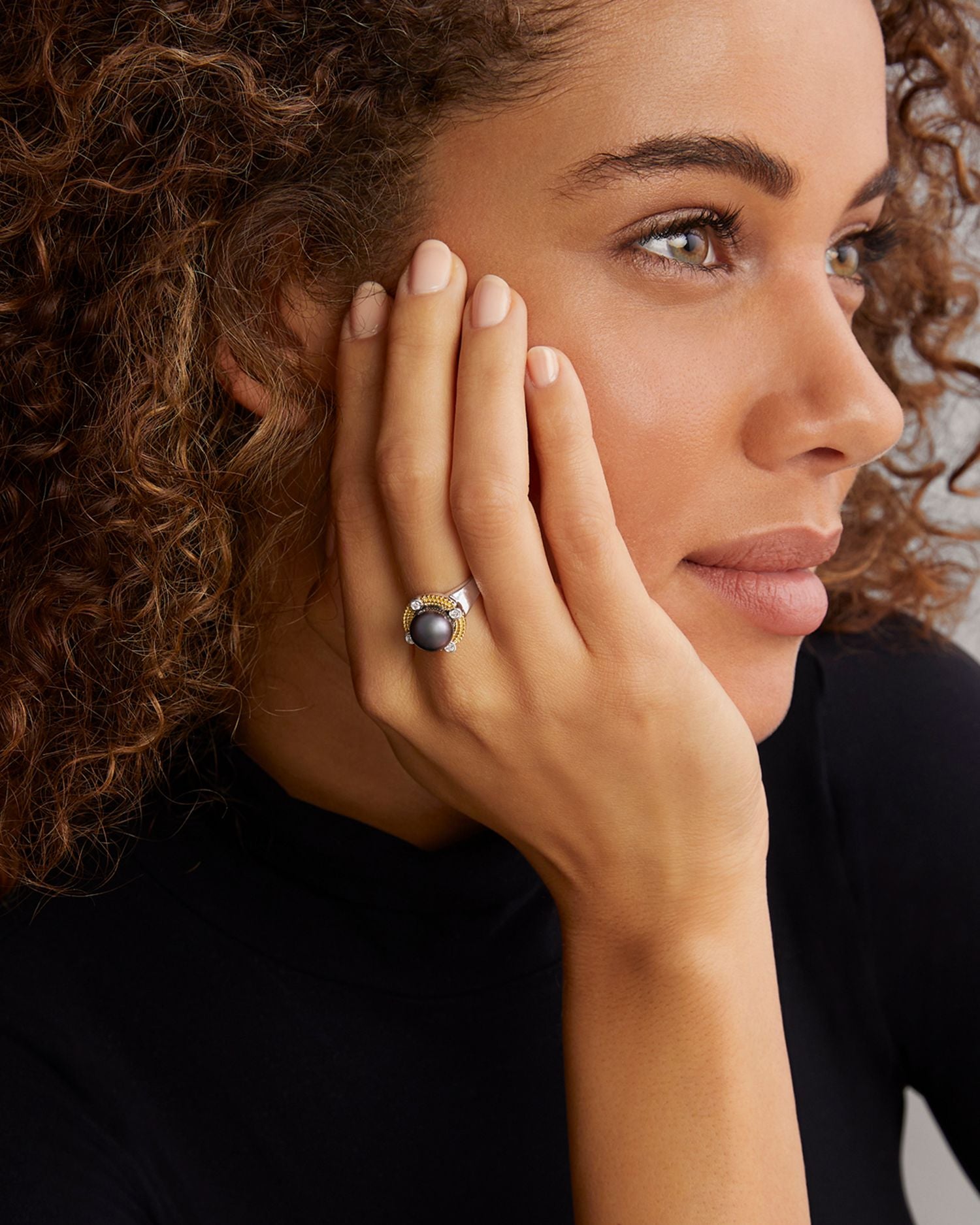 18K Yellow Gold & Sterling Silver Luna Black Tahitian Pearl & Diamond Halo Ring